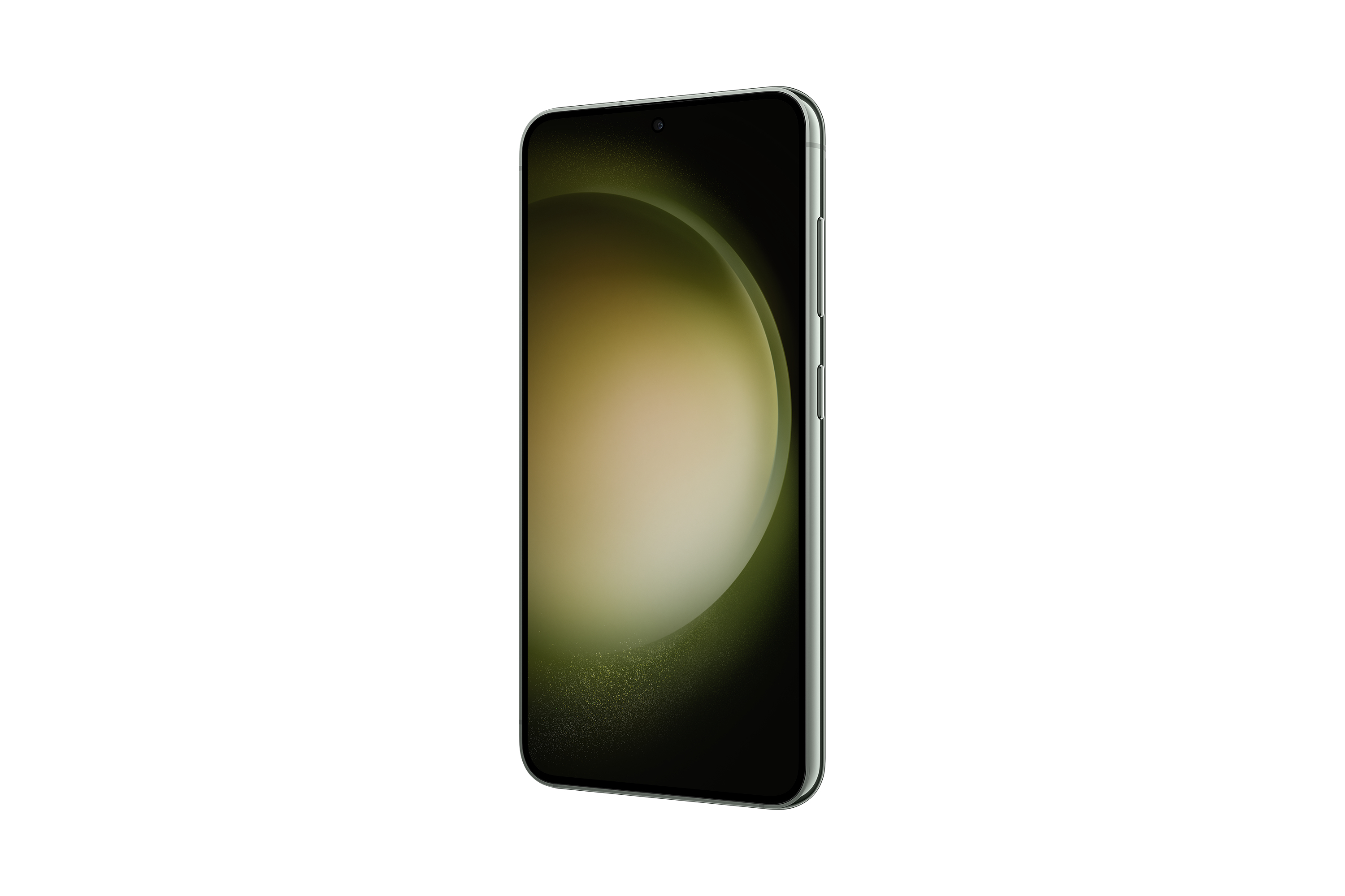 Ein grünes und schwarzes Smartphone, das aufrecht steht, mit sichtbarem Display, vor weißem Hintergrund.