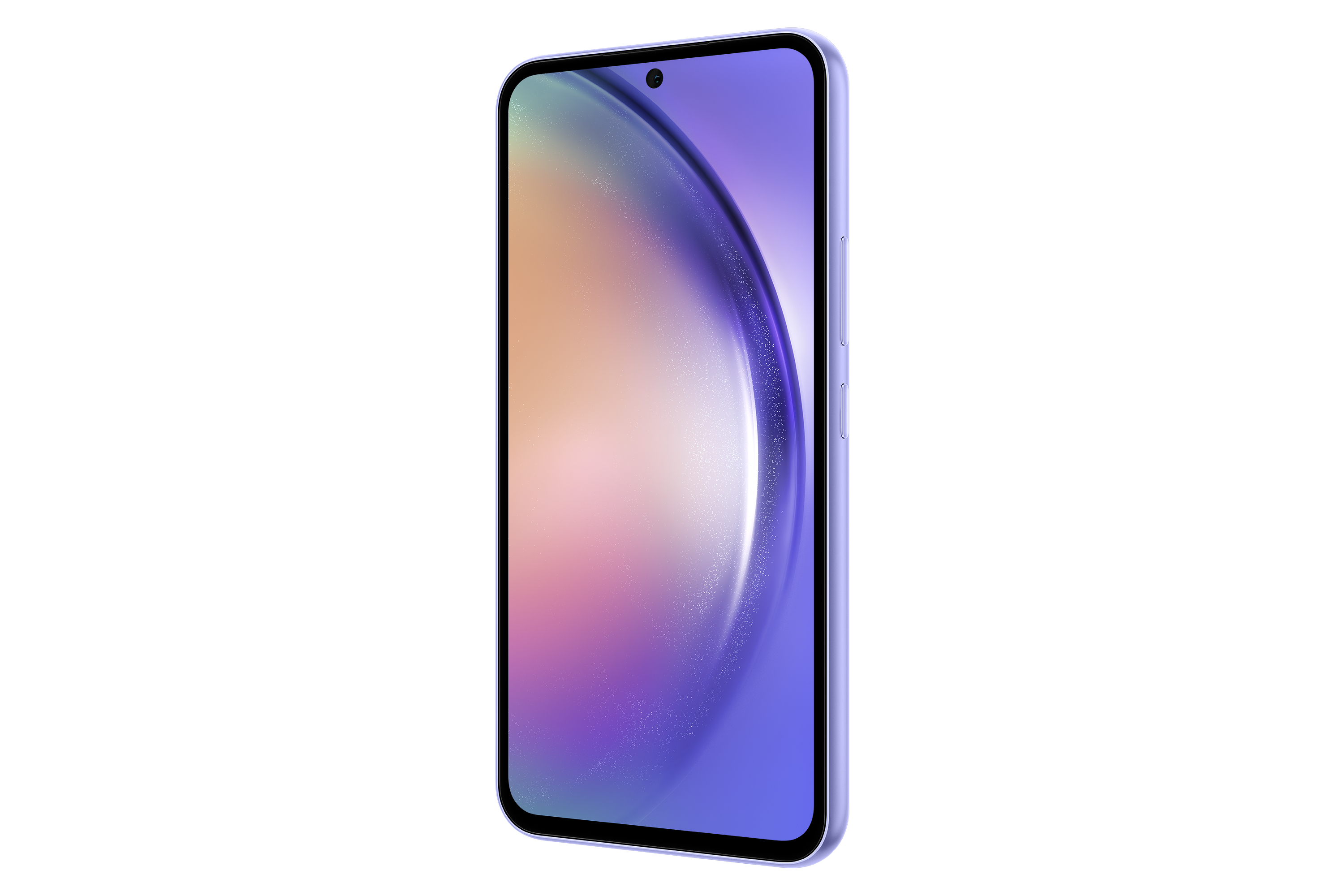 Ein violettes Smartphone mit einem gebogenen Bildschirm. Der Bildschirm zeigt einen Farbverlauf von Lila und Rosa.