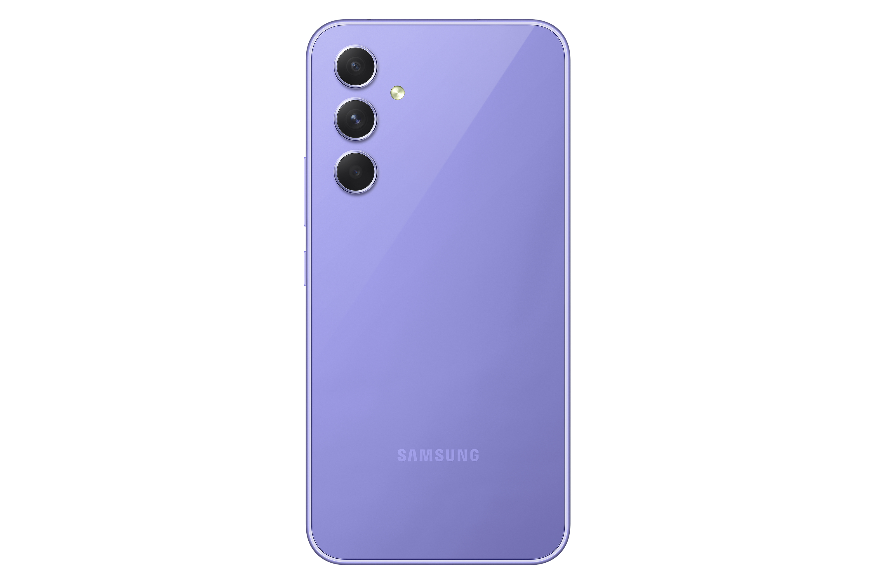 Rückseite eines lila Samsung-Telefons mit drei Kameras auf weißem Hintergrund.