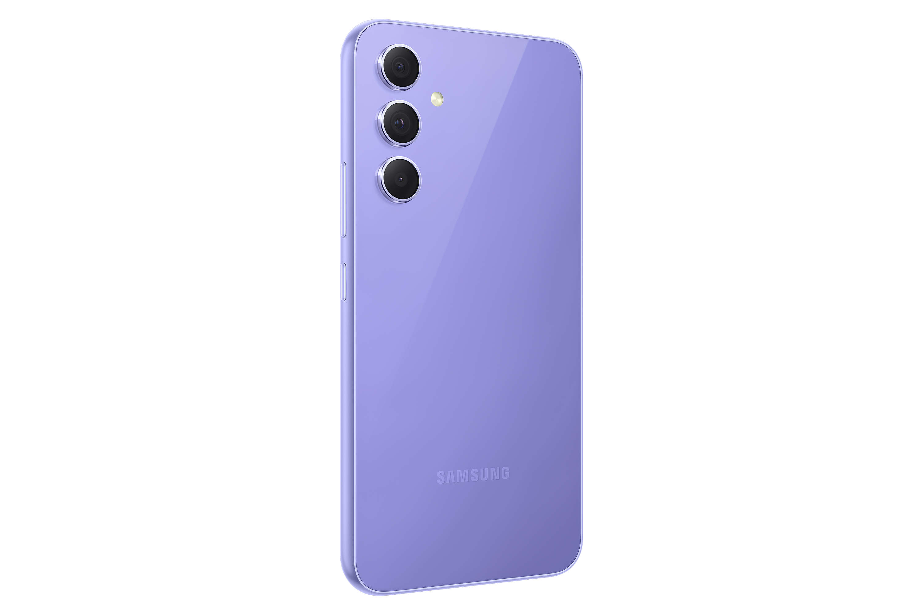 Die Rückseite eines lavendelfarbenen Samsung-Telefons wird gezeigt, mit Kameras und dem Samsung-Logo.