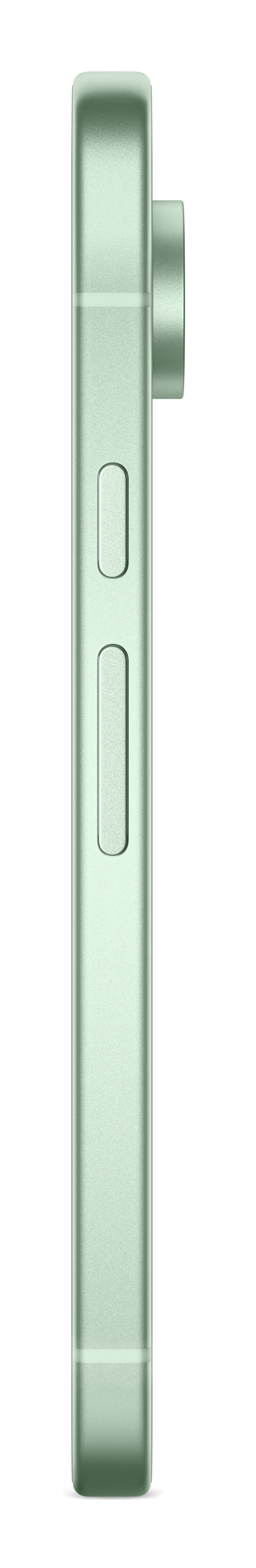 Widok z boku zielonego iPhone'a z przyciskami i aparatem na białym tle.