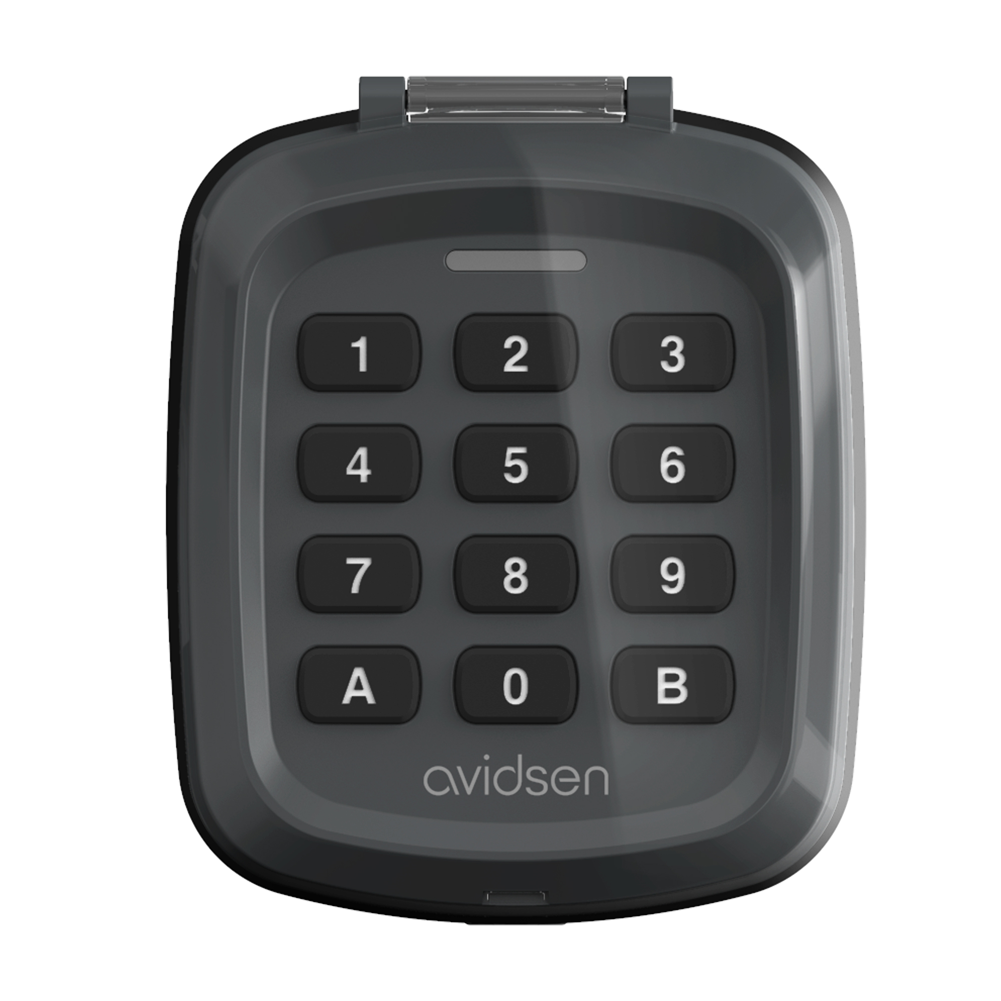 Tastierino grigio scuro con pulsanti numerati e marchio 'avidsen'. È per il controllo accessi.