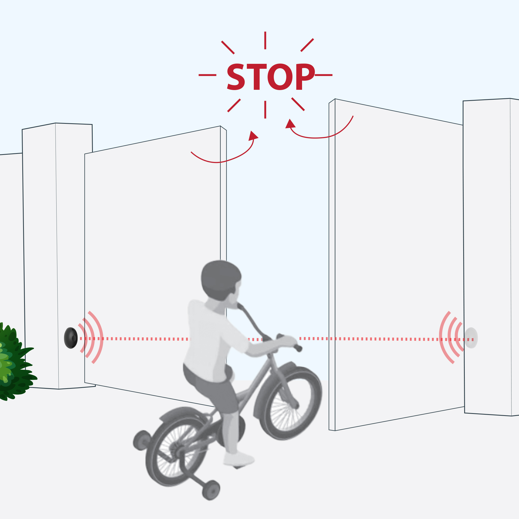 Un bambino in bicicletta si avvicina a un cancello, con un segnale di stop sopra. Sensori su entrambi i lati.