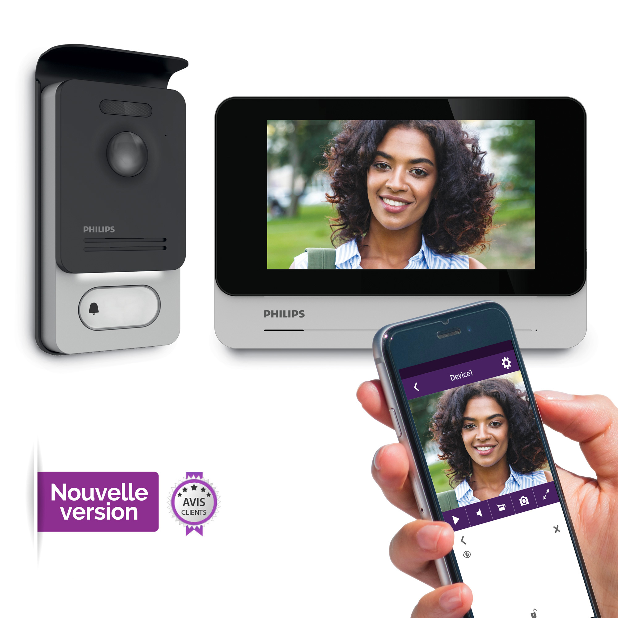 Sistema de timbre con pantalla mostrando rostro de mujer. Teléfono muestra la misma imagen. Philips.
