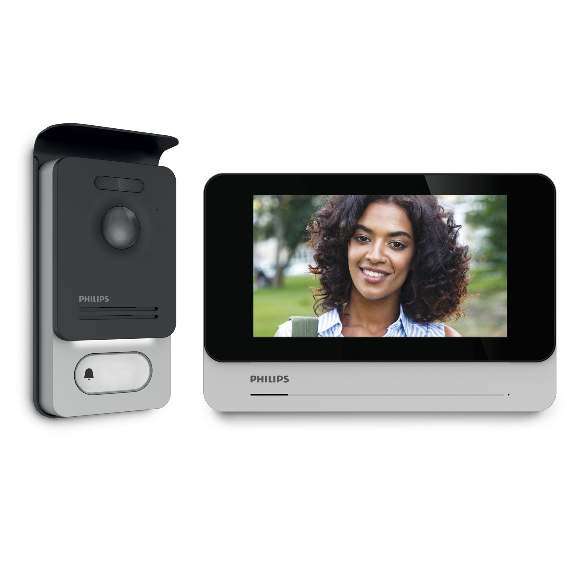 Videoportero con monitor mostrando cara de mujer. Marca Philips visible. Fondo blanco.
