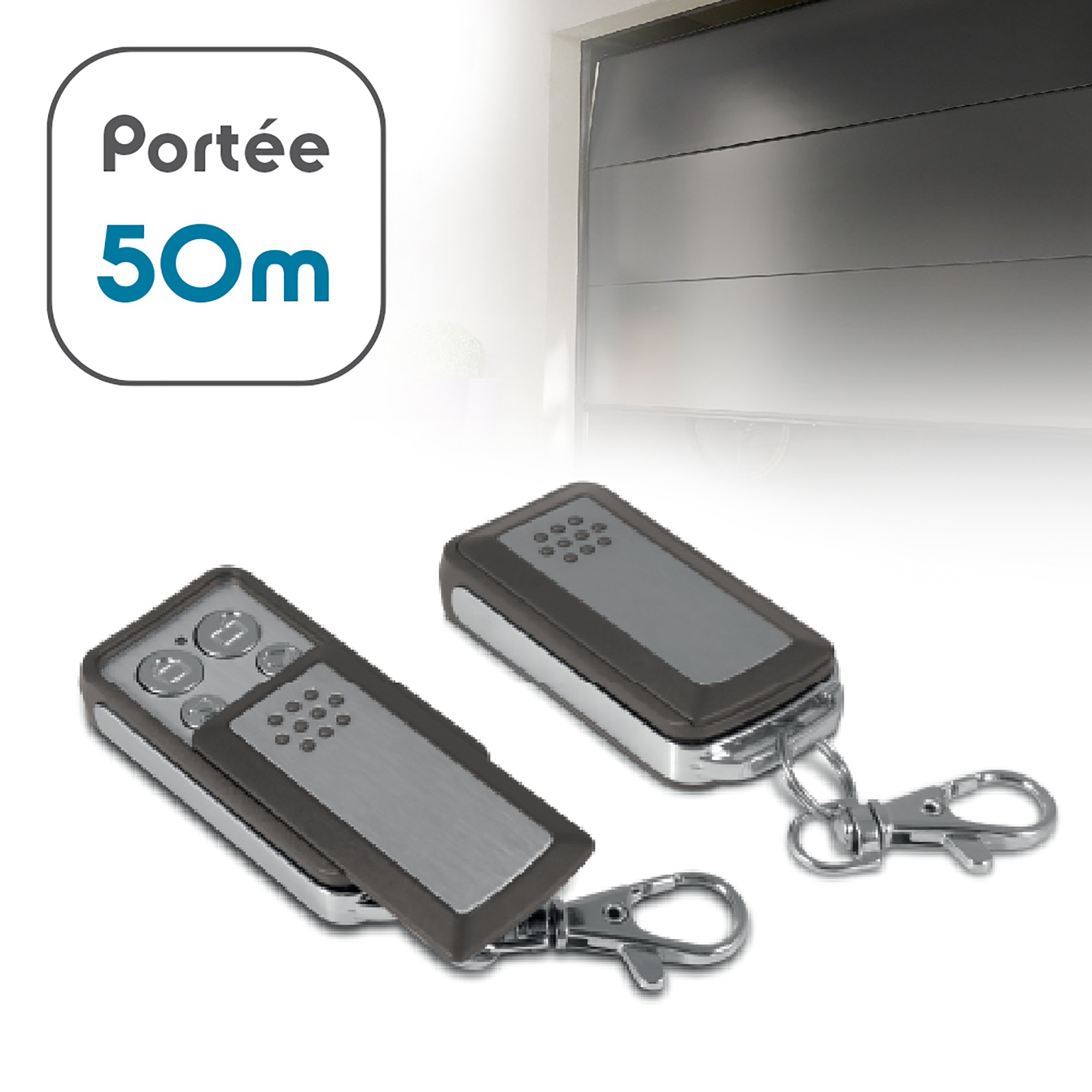 Due telecomandi, grigio e nero. Testo 'Portée 50m' in una bolla bianca.