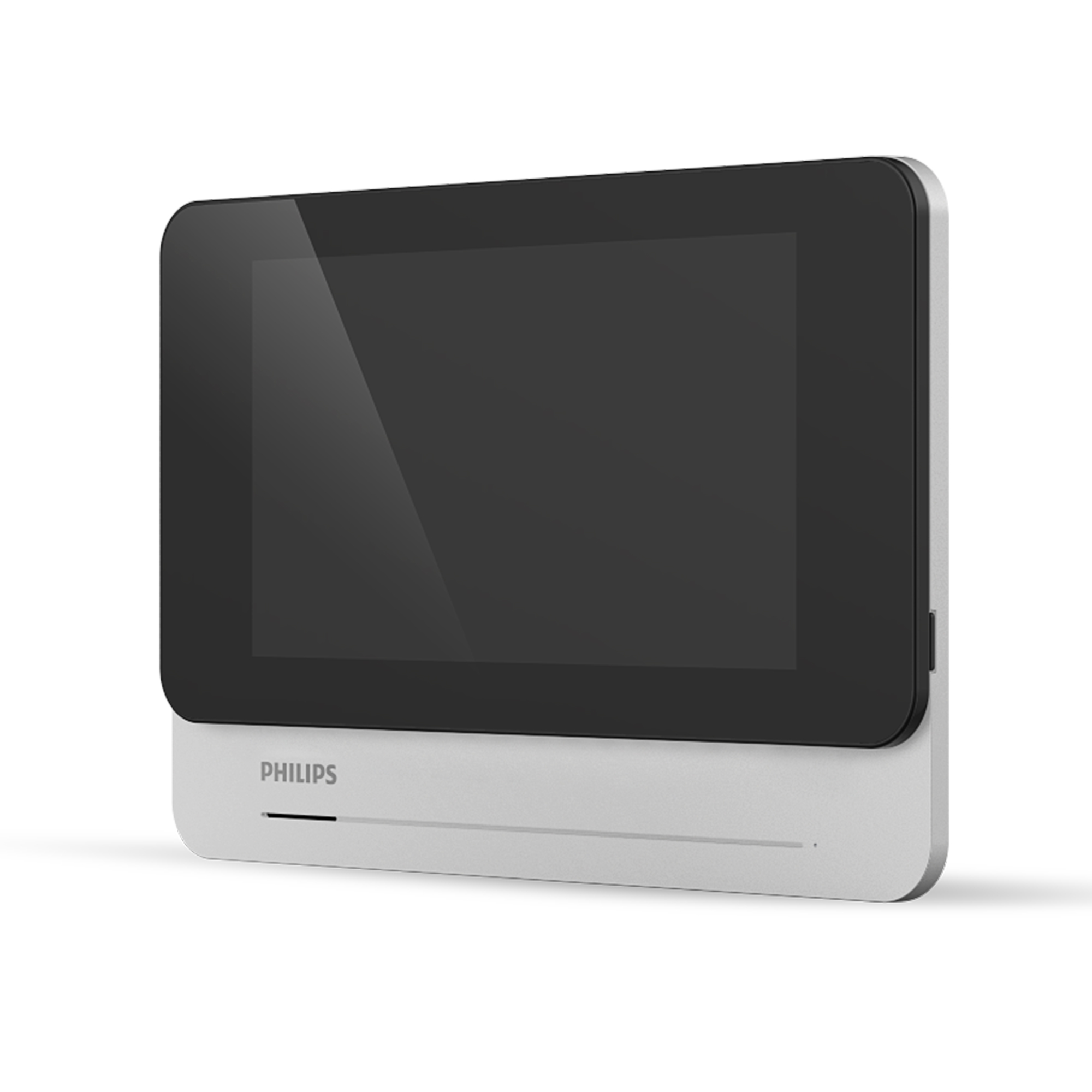 Un dispositivo Philips rectangular con pantalla negra y base blanca.