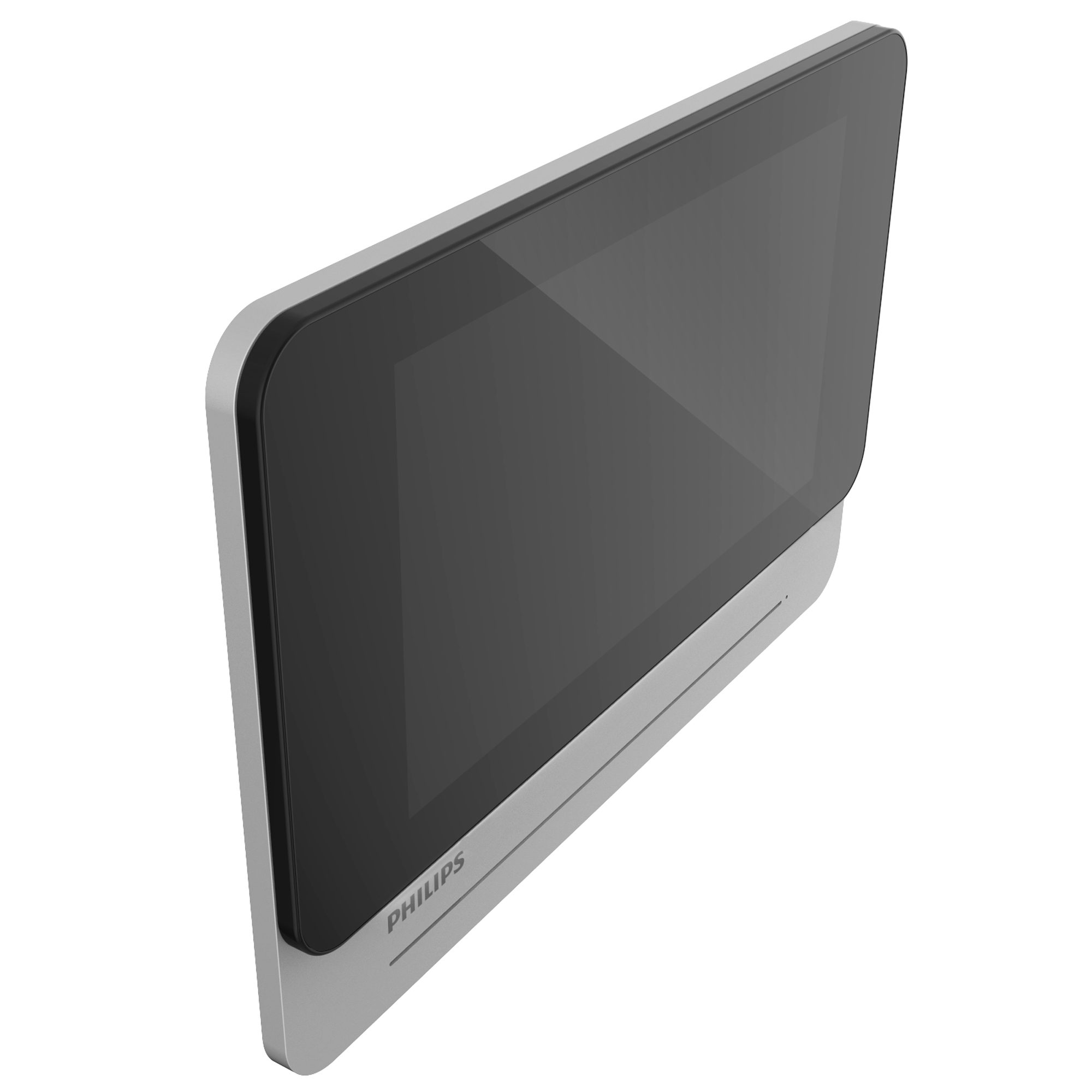 Un dispositivo para el hogar inteligente Philips, una pantalla con marco negro y base blanca, sobre fondo blanco.