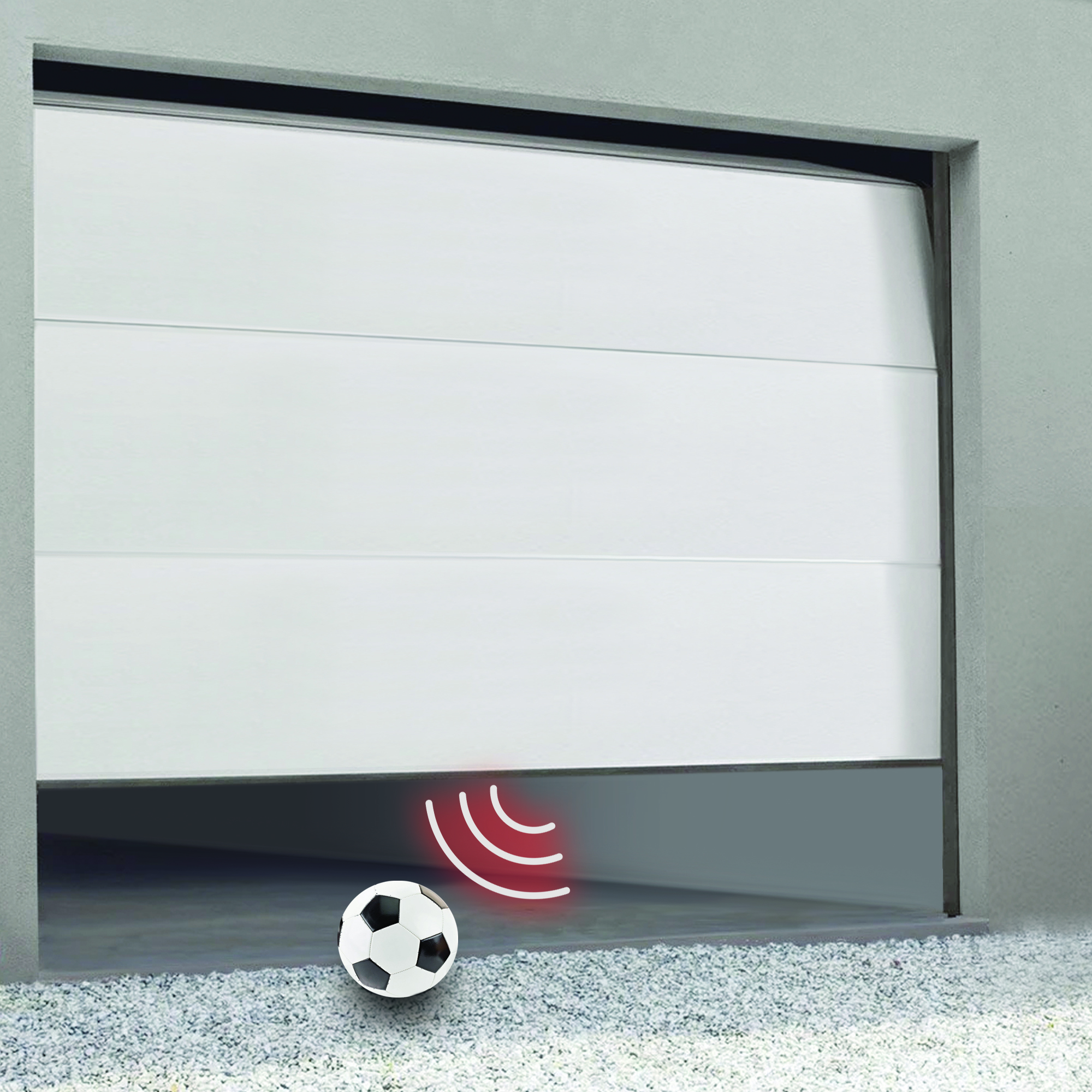 Una porta del garage bianca si apre, un pallone da calcio rotola fuori, con onde luminose che indicano un ostacolo.