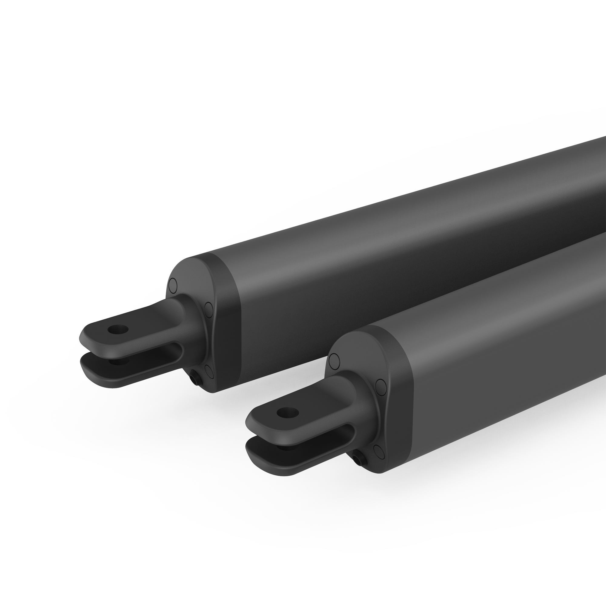 Dos actuadores negros con forma redondeada. Son para una puerta automática.