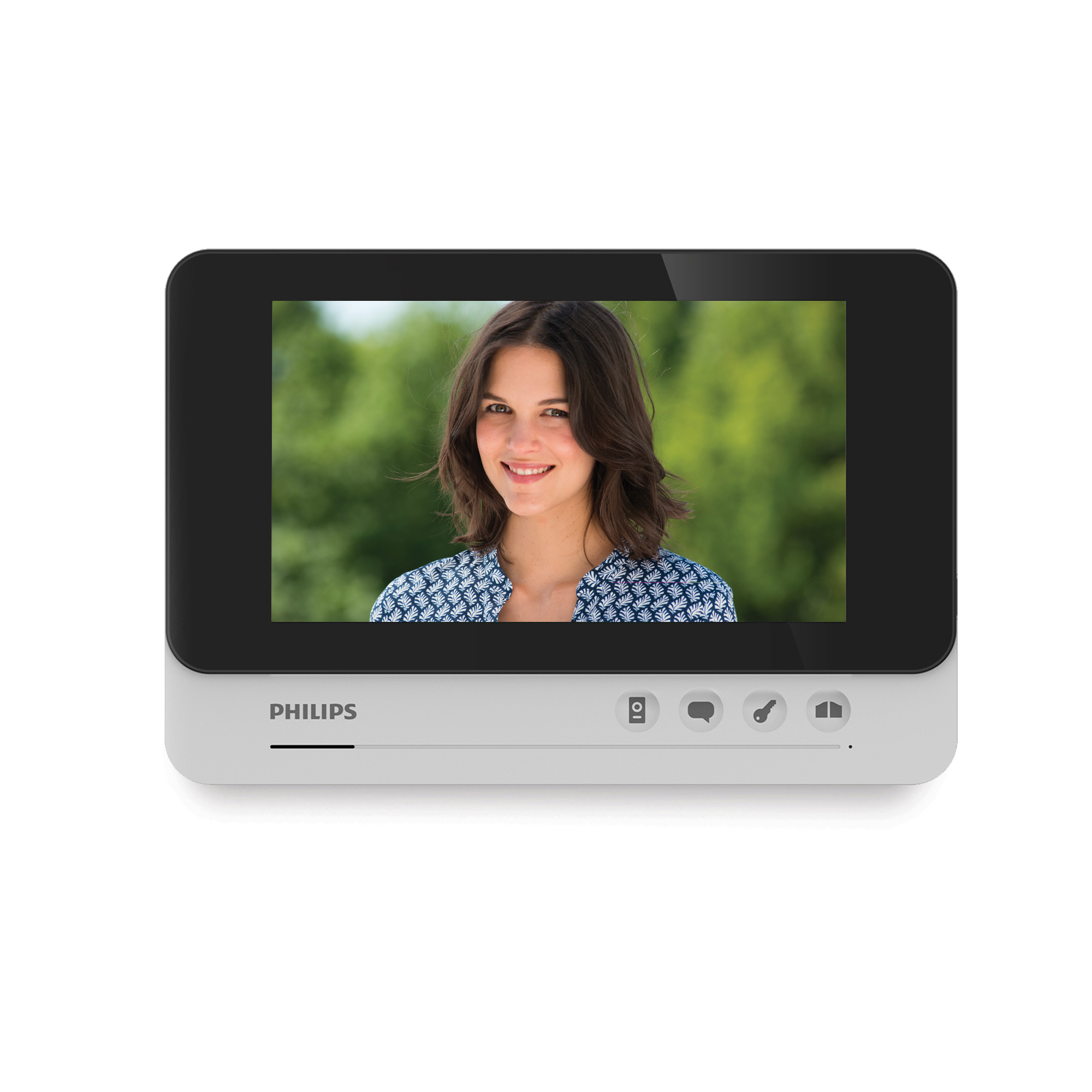 Una mujer sonriendo en la pantalla de un videoportero Philips. Fondo verde.