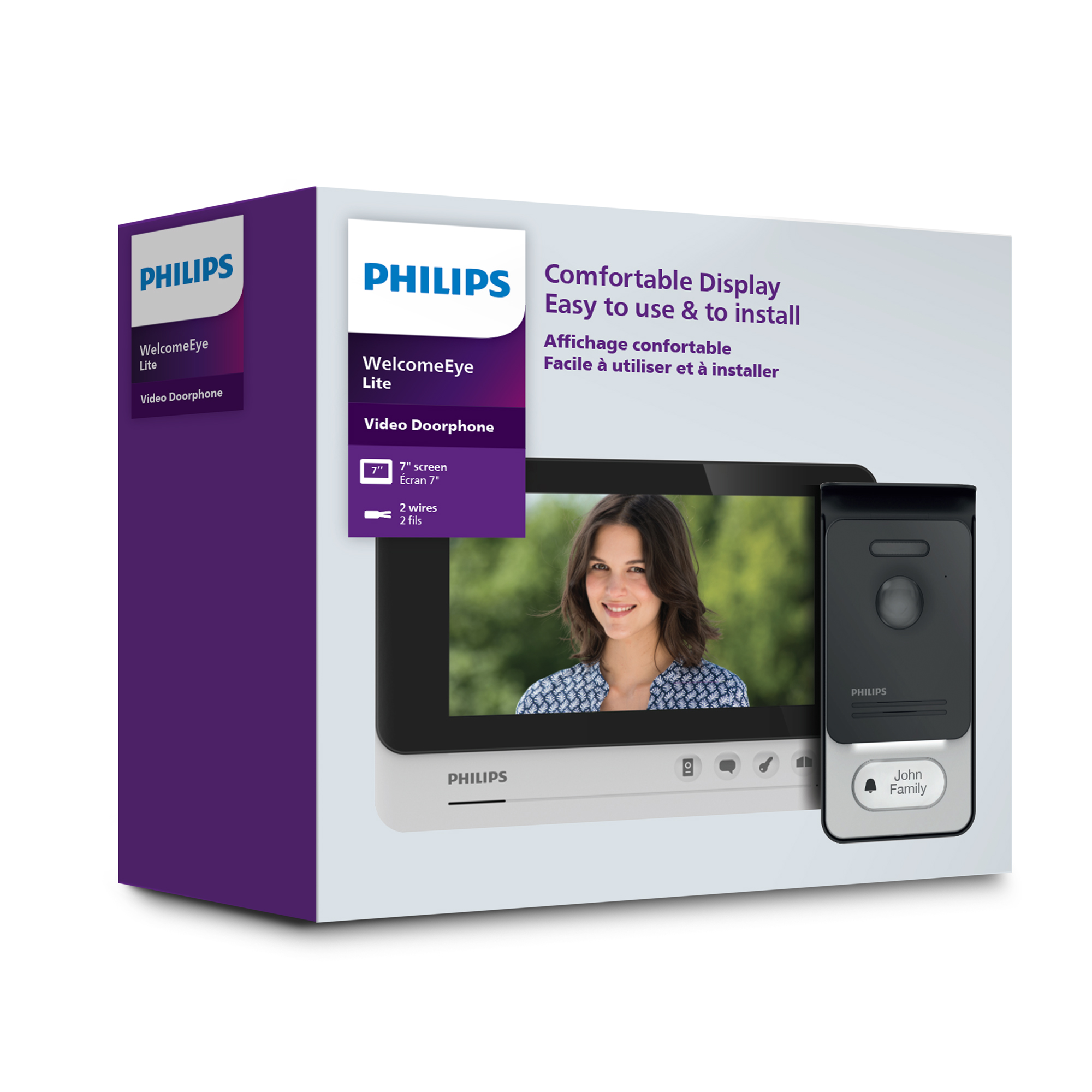 Un videoportero Philips con una caja que muestra la imagen de una mujer.