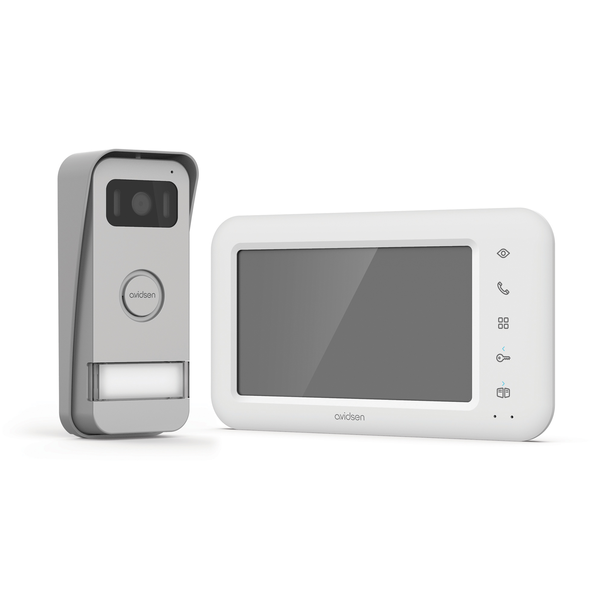 Un videoportero y un monitor. El portero es gris y el monitor blanco.