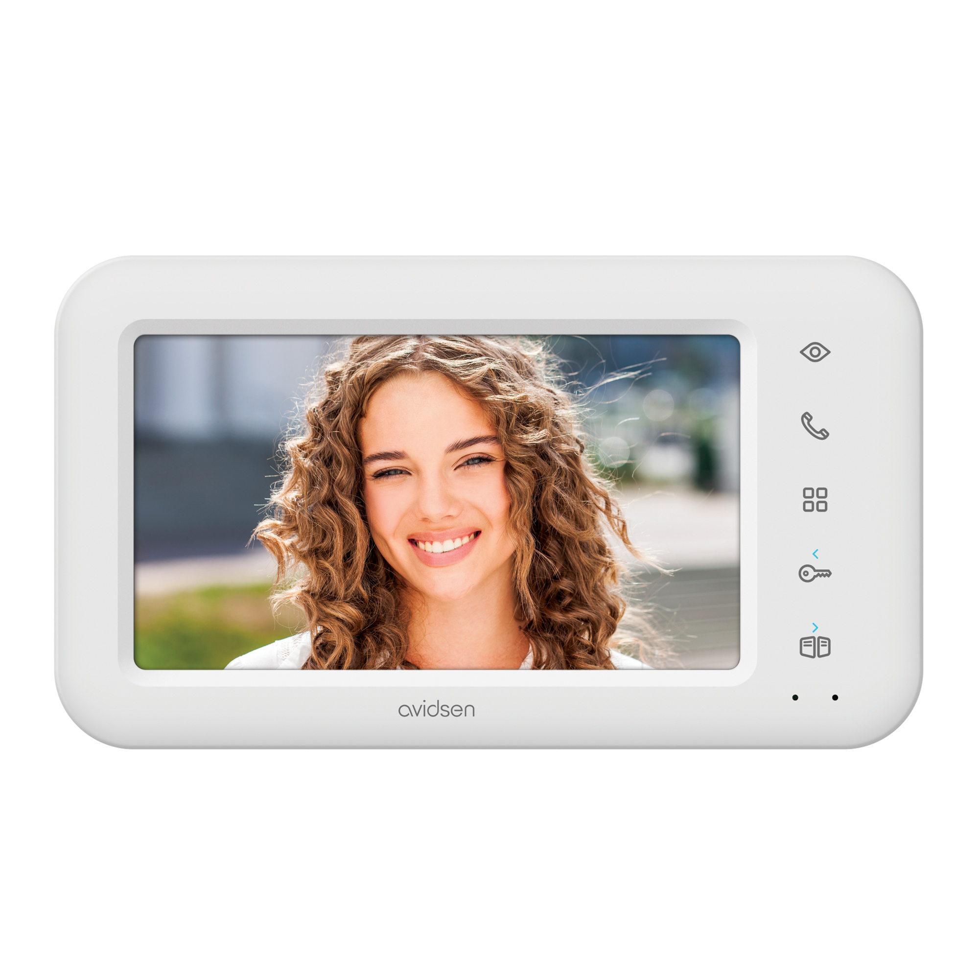 Pantalla de videoportero blanca con rostro de mujer. Iconos de llamadas, llave, ajustes.