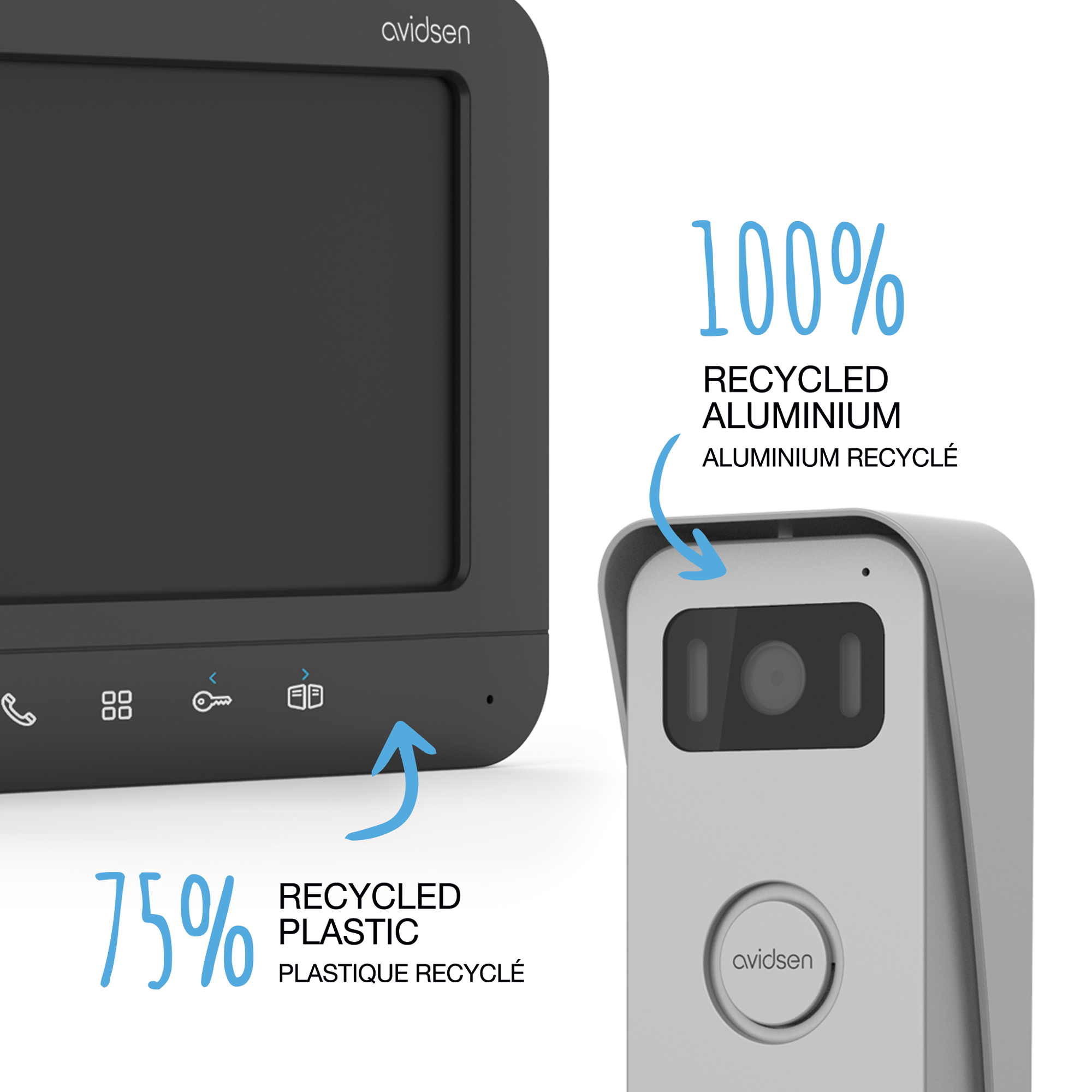 Timbre con pantalla y cámara; 75% plástico reciclado, 100% aluminio reciclado.