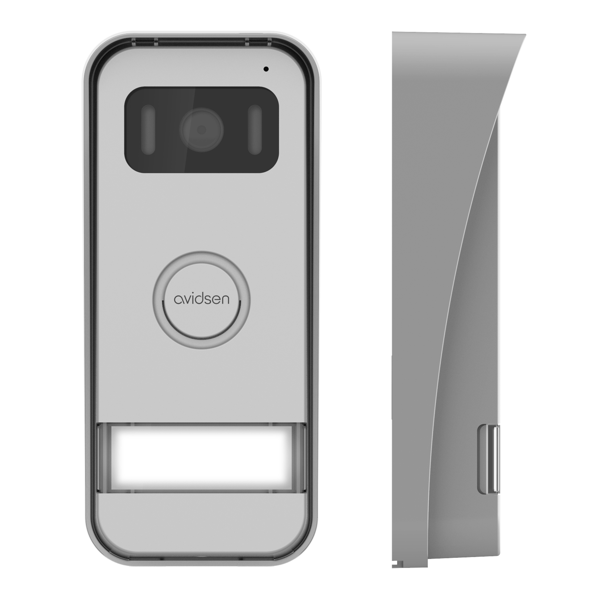 Timbre con cámara. Marca Avidsen. Diseño blanco y plateado. Fondo blanco.