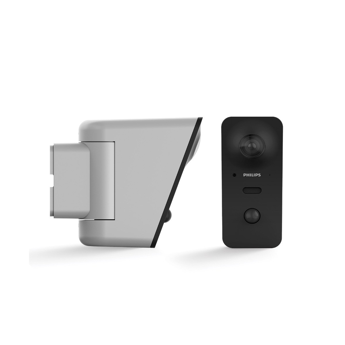 Un videocitofono Philips bianco e nero. Ha una fotocamera e un pulsante. È montato su un muro.