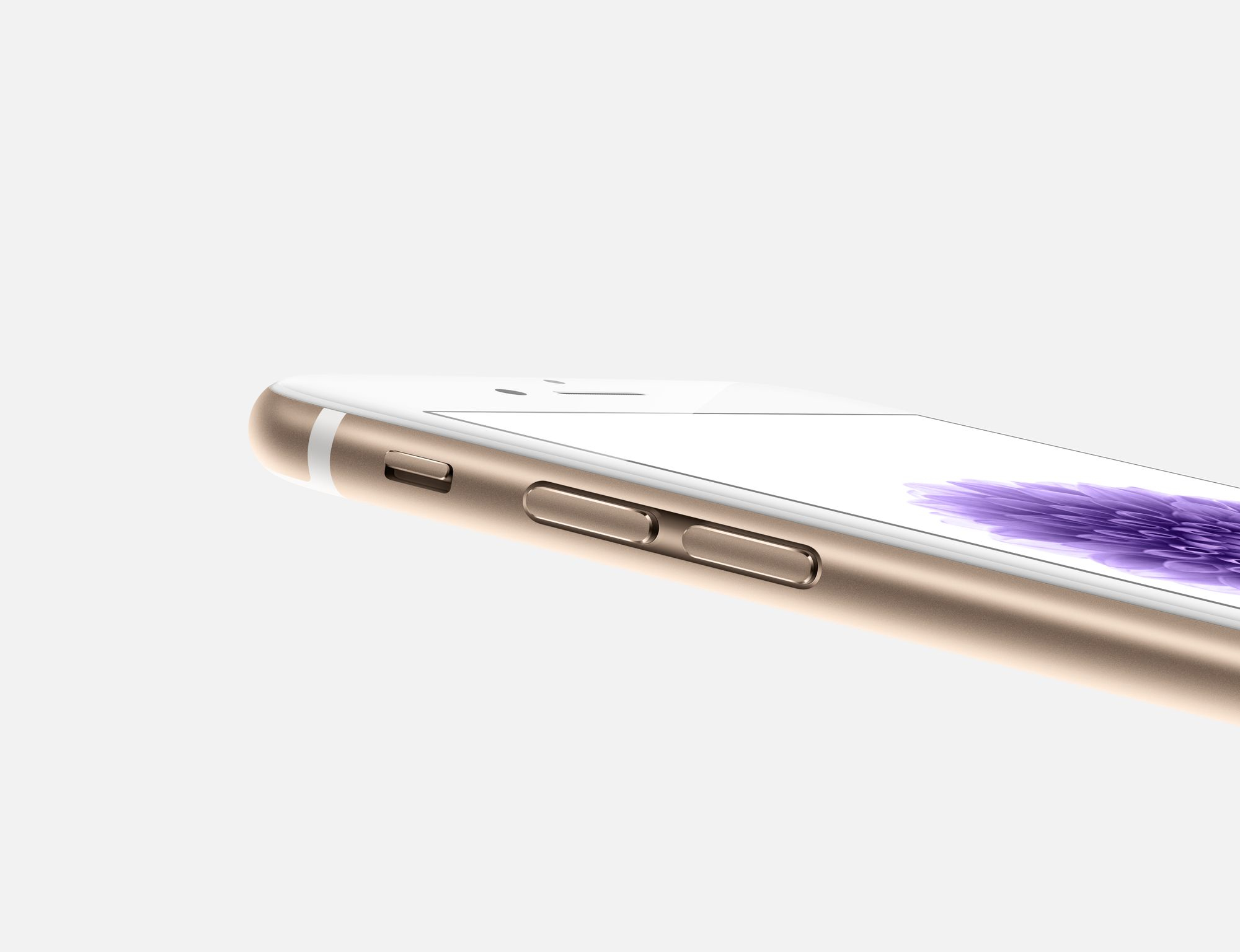 Goldenes iPhone, Seitenansicht, Knöpfe und Bildschirm zeigend.