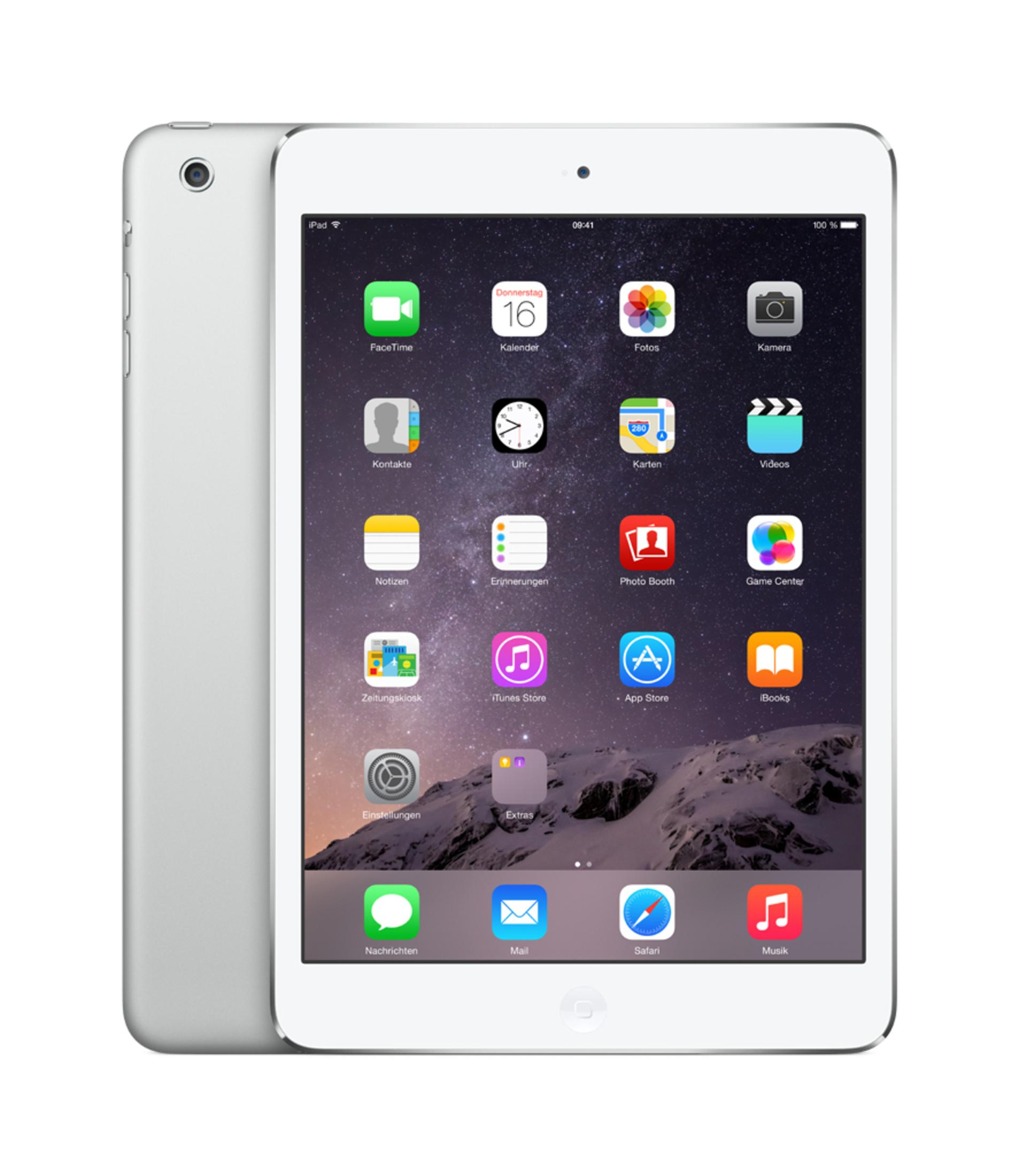 Weißes iPad mini mit Apps auf dem Bildschirm, schräge Ansicht.