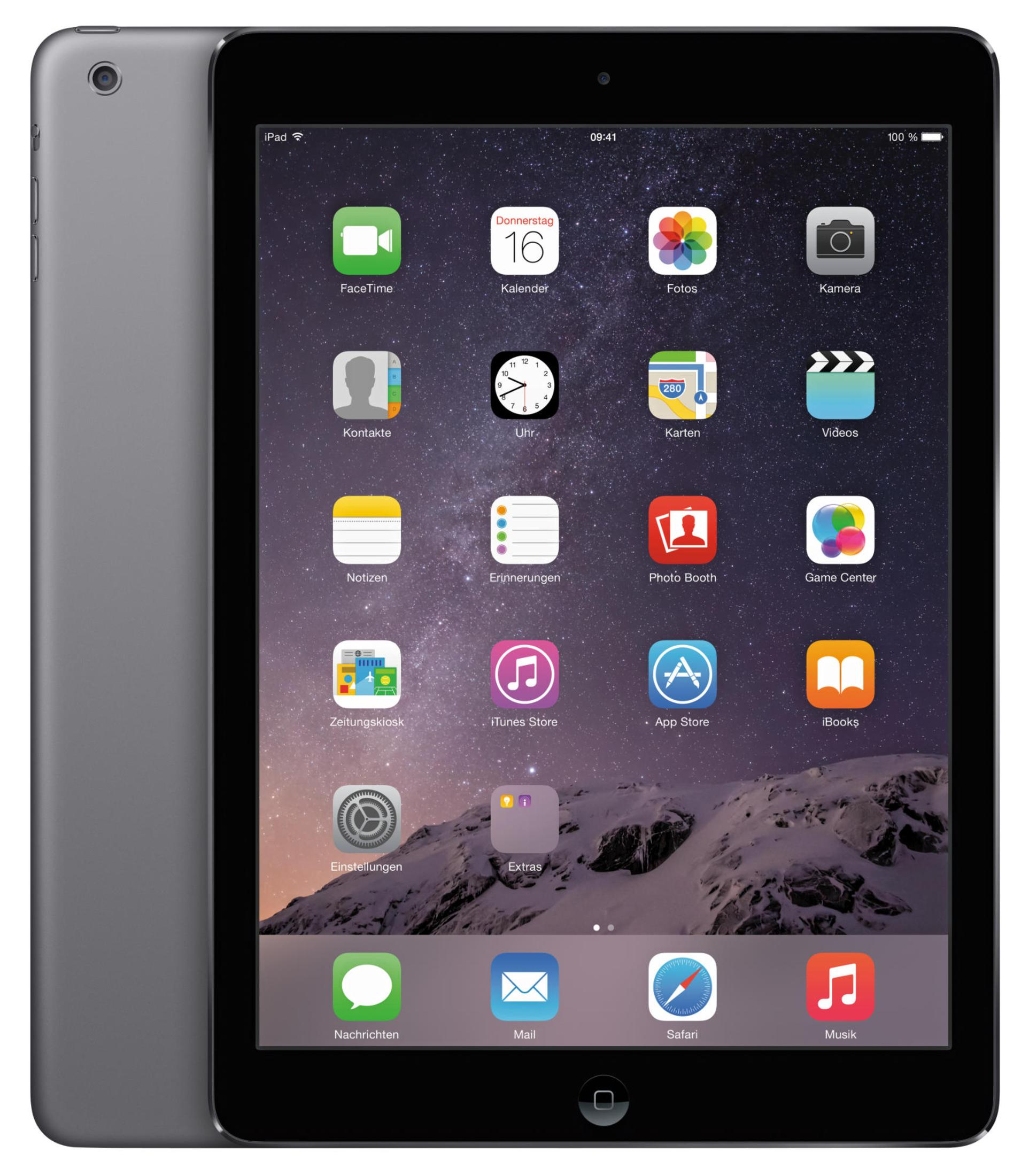 iPad mit Bildschirm, der App-Symbole anzeigt, und die Rückseite des iPads ist sichtbar.