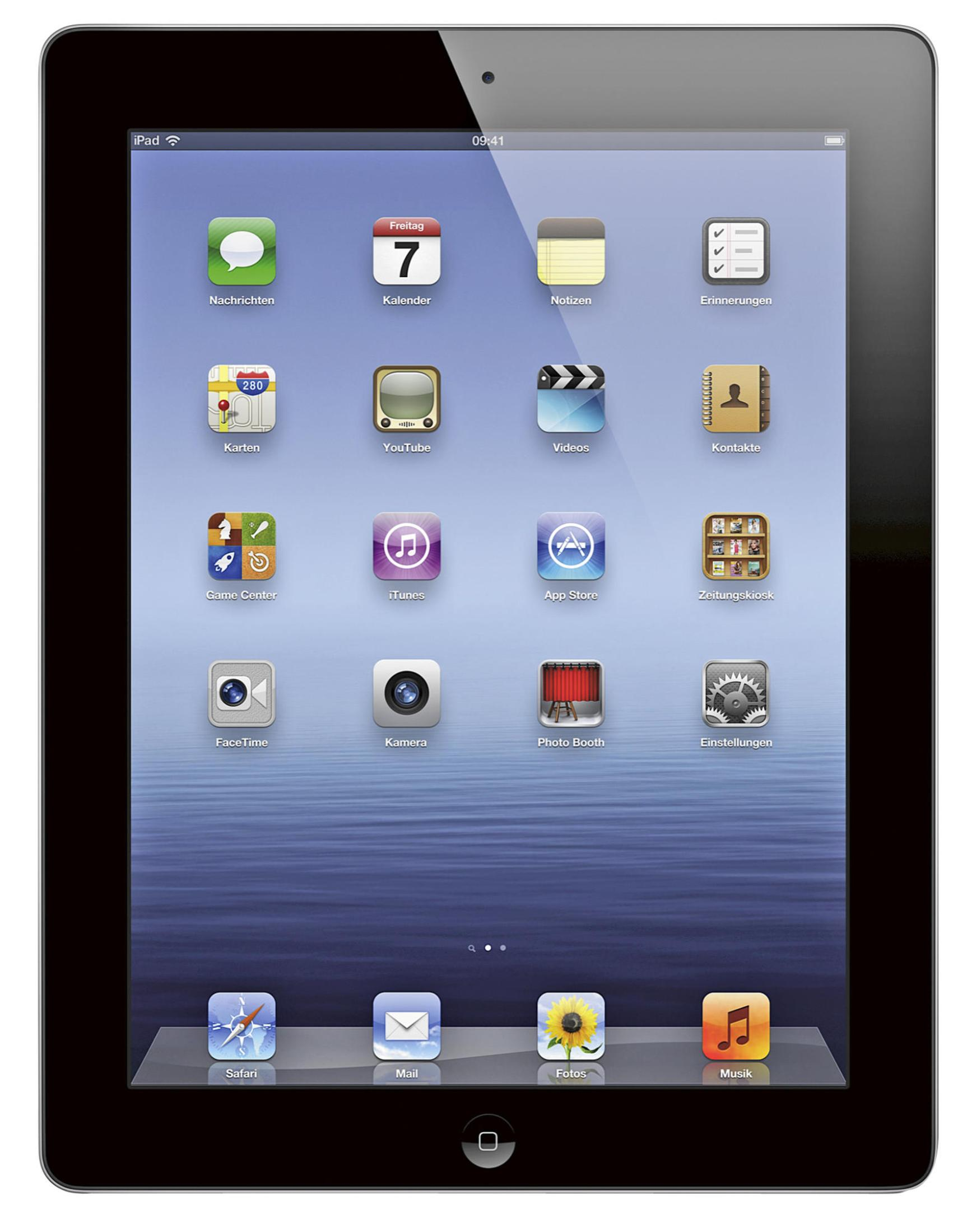 iPad auf weißem Hintergrund mit App-Symbolen. Es zeigt Kalender, Mail und andere Apps.