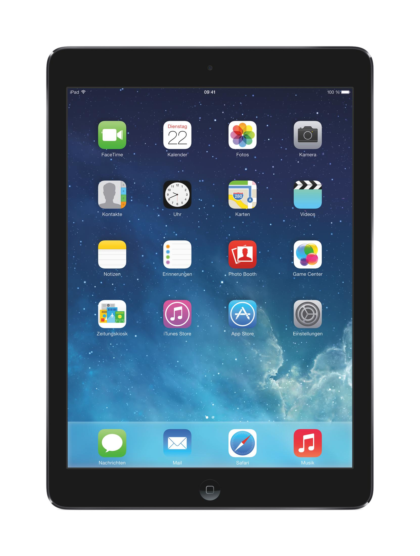 Tablet mit Apps. Blauer Hintergrund. Apps sind FaceTime, Kalender und Safari.