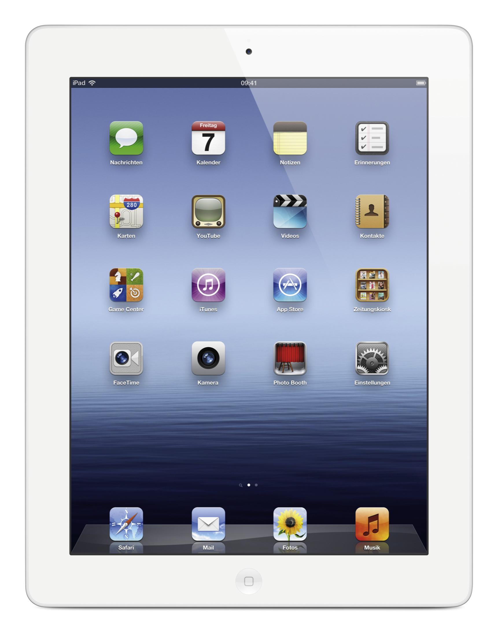 Weißes iPad mit Startbildschirm, der App-Symbole zeigt. Der Bildschirm hat einen weißen Hintergrund.