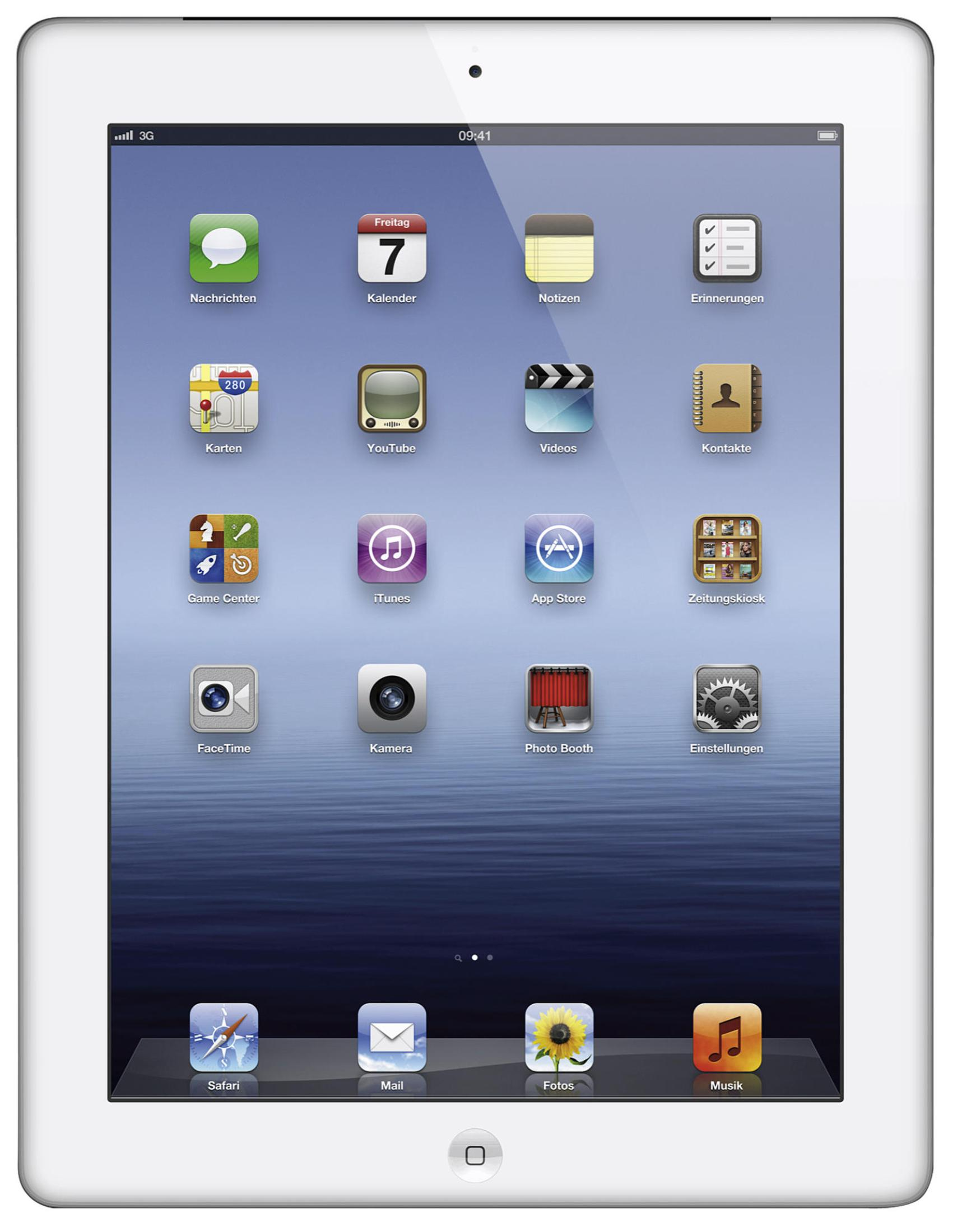 Weißes iPad, das App-Symbole anzeigt. 3G-Signal-Symbol sichtbar.