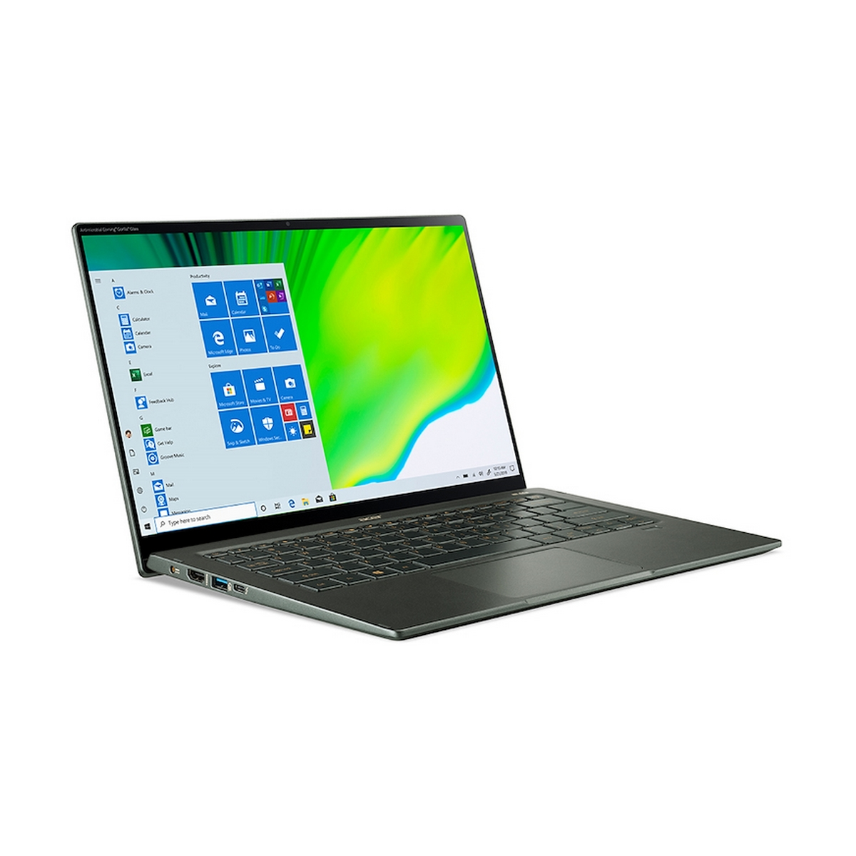 Un laptop su sfondo bianco, aperto all'interfaccia Windows. Argento.