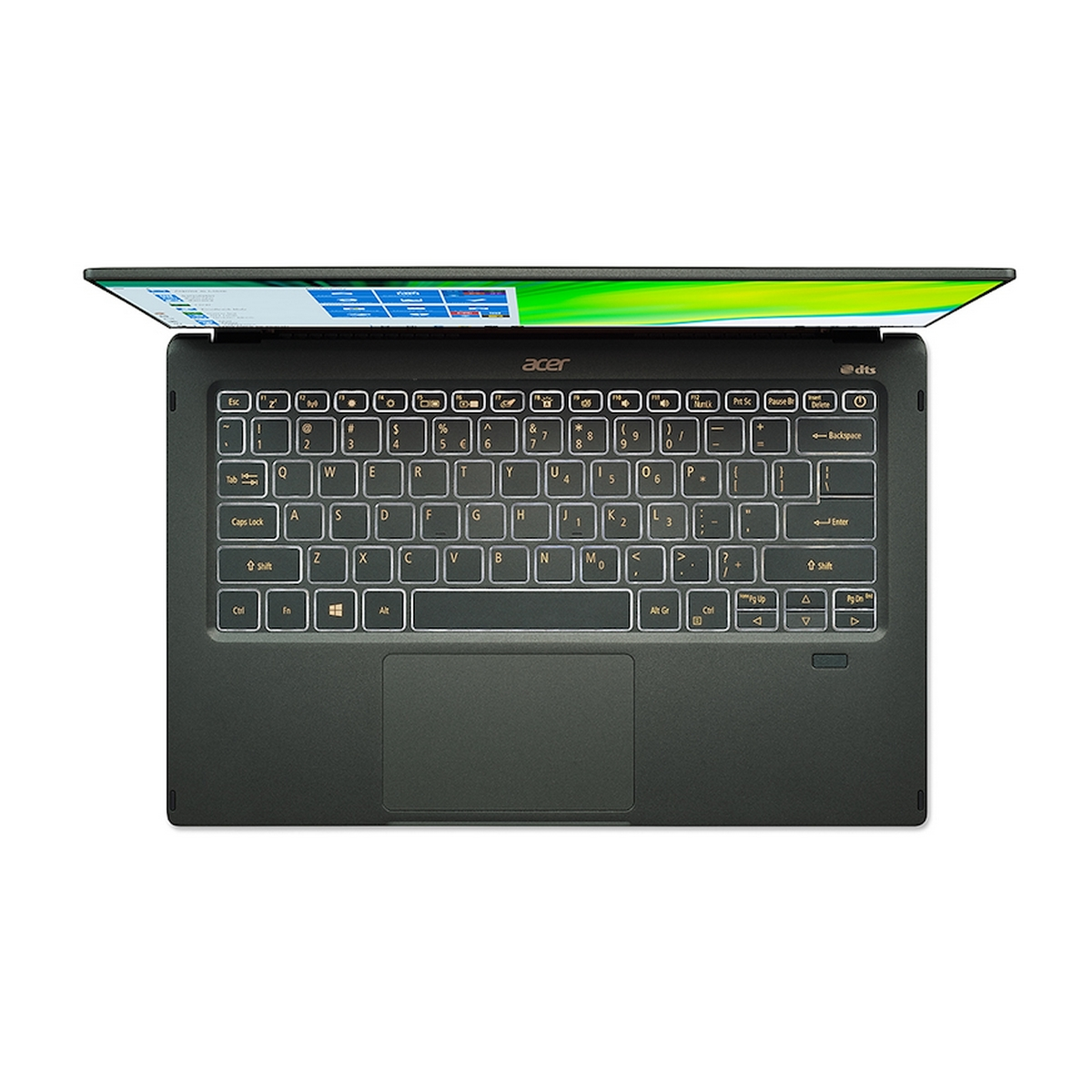 Vista dall'alto di un laptop con schermo aperto. Tastiera visibile, con logo Acer sopra.