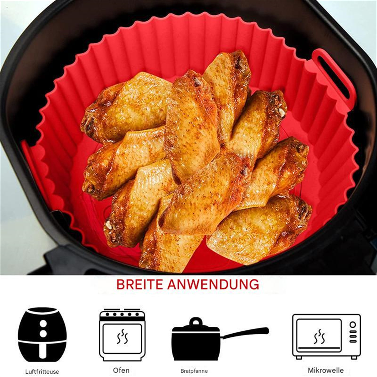 Hähnchenflügel in einem roten Silikon-Airfryer-Korb. Symbole von Airfryer, Ofen, Pfanne und Mikrowelle unten.