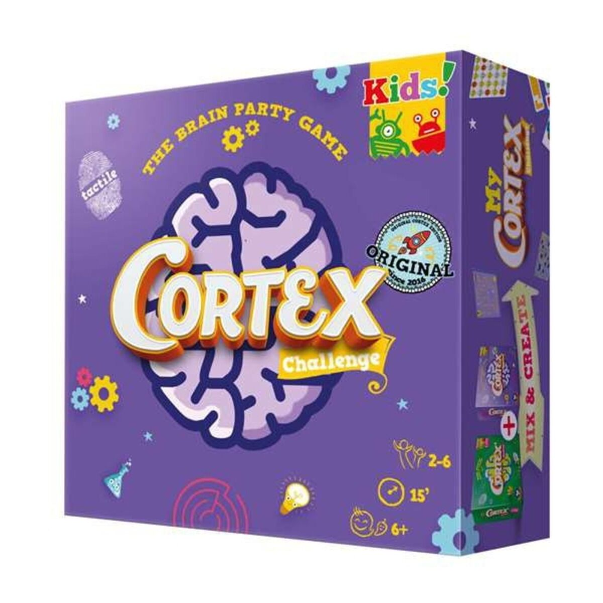 Una caja del juego de mesa Cortex challenge. Es morada con gráficos coloridos, incluida una imagen de cerebro.