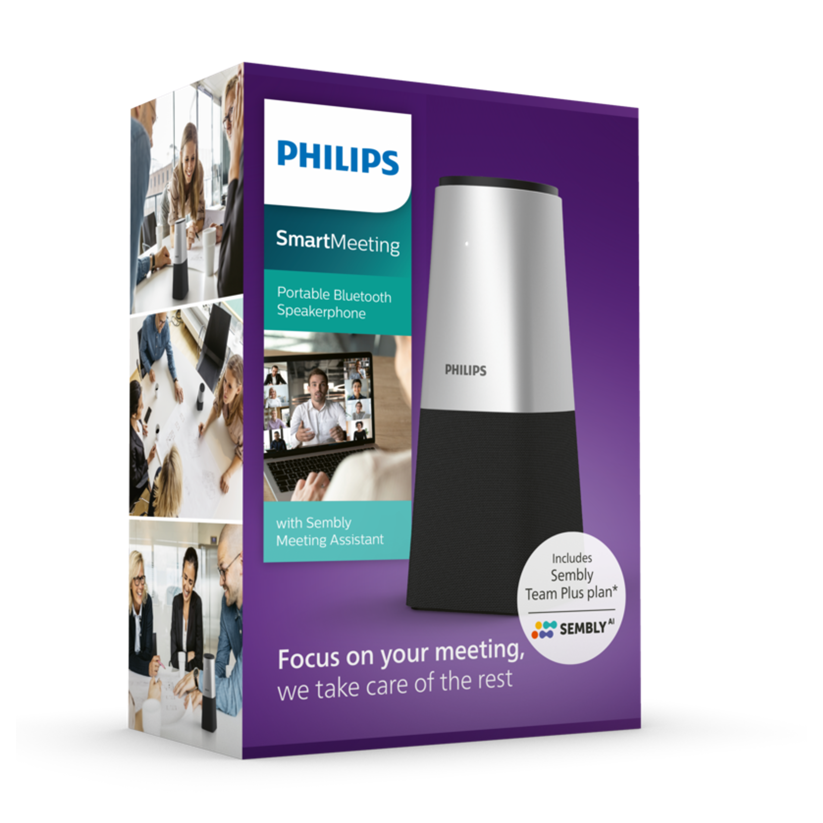 Una scatola per vivavoce Philips con un vivavoce e persone in videochiamata.