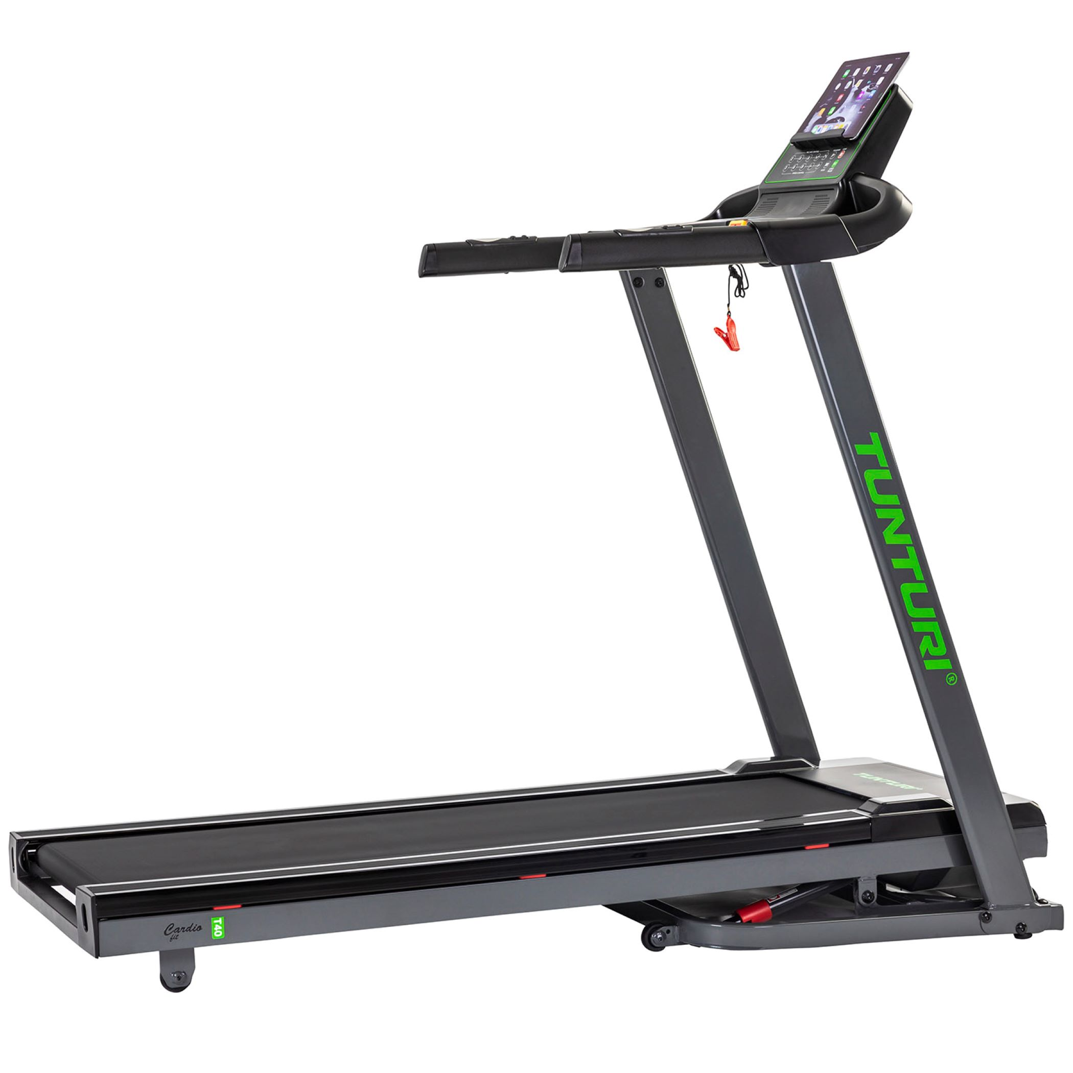 Loopband met digitaal display, grijs frame, zwarte band. Groen 'Tunturi' logo op de zijkant.