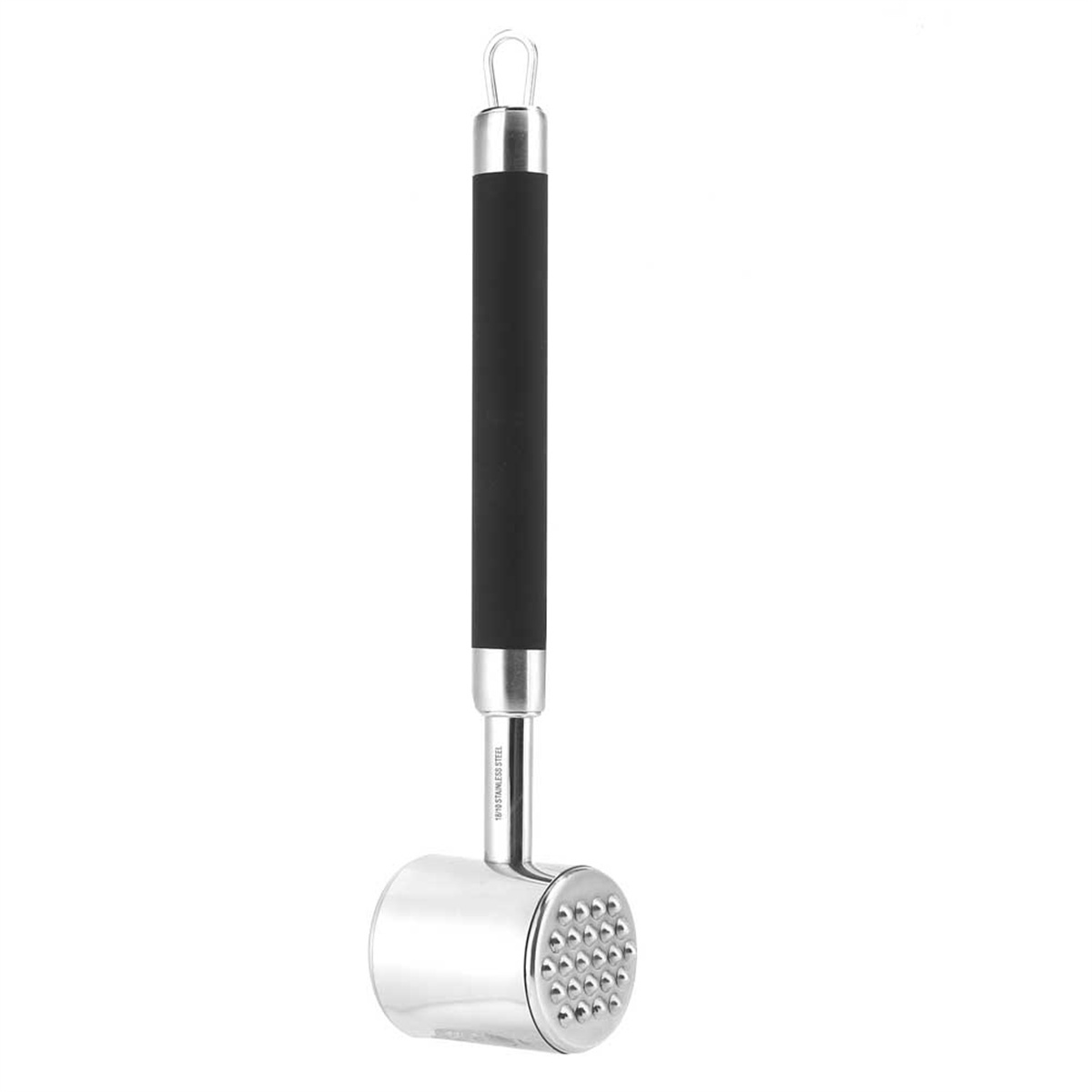 Fleischklopfer aus Metall mit schwarzem Griff. Er hat einen runden, mit Noppen besetzten Kopf zum Plattieren von Fleisch.