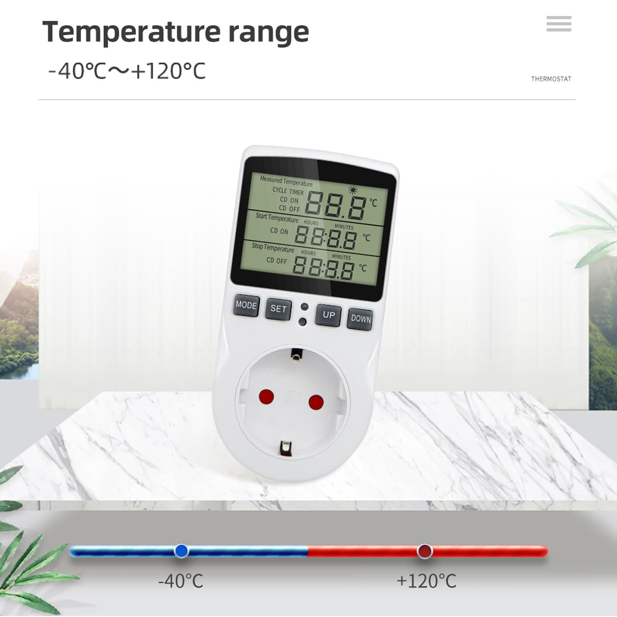 Eine Digitalanzeige zeigt Temperaturbereiche. Unten befindet sich eine Steckdose.
