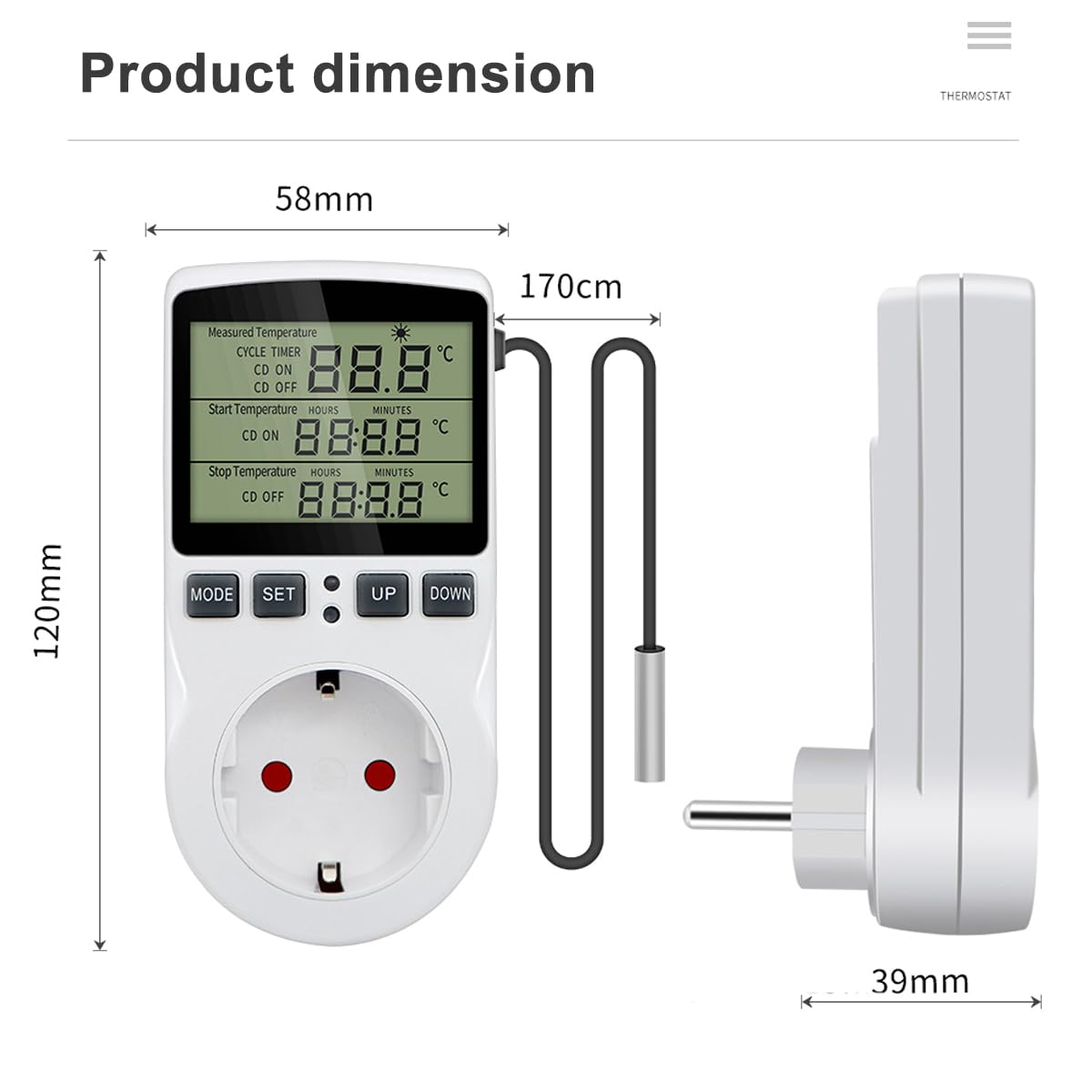 Digitales Thermostat mit Display und Stecker. Weißer Hintergrund.