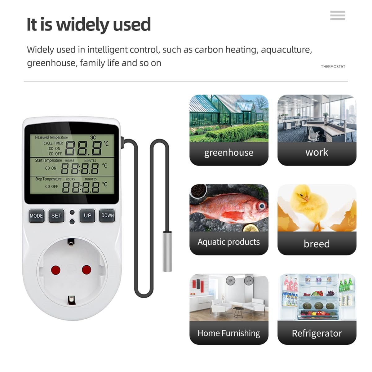 Thermostat mit mehreren Symbolen und Text. Der Text zeigt Nutzungsszenarien wie Arbeit, Gewächshaus usw..