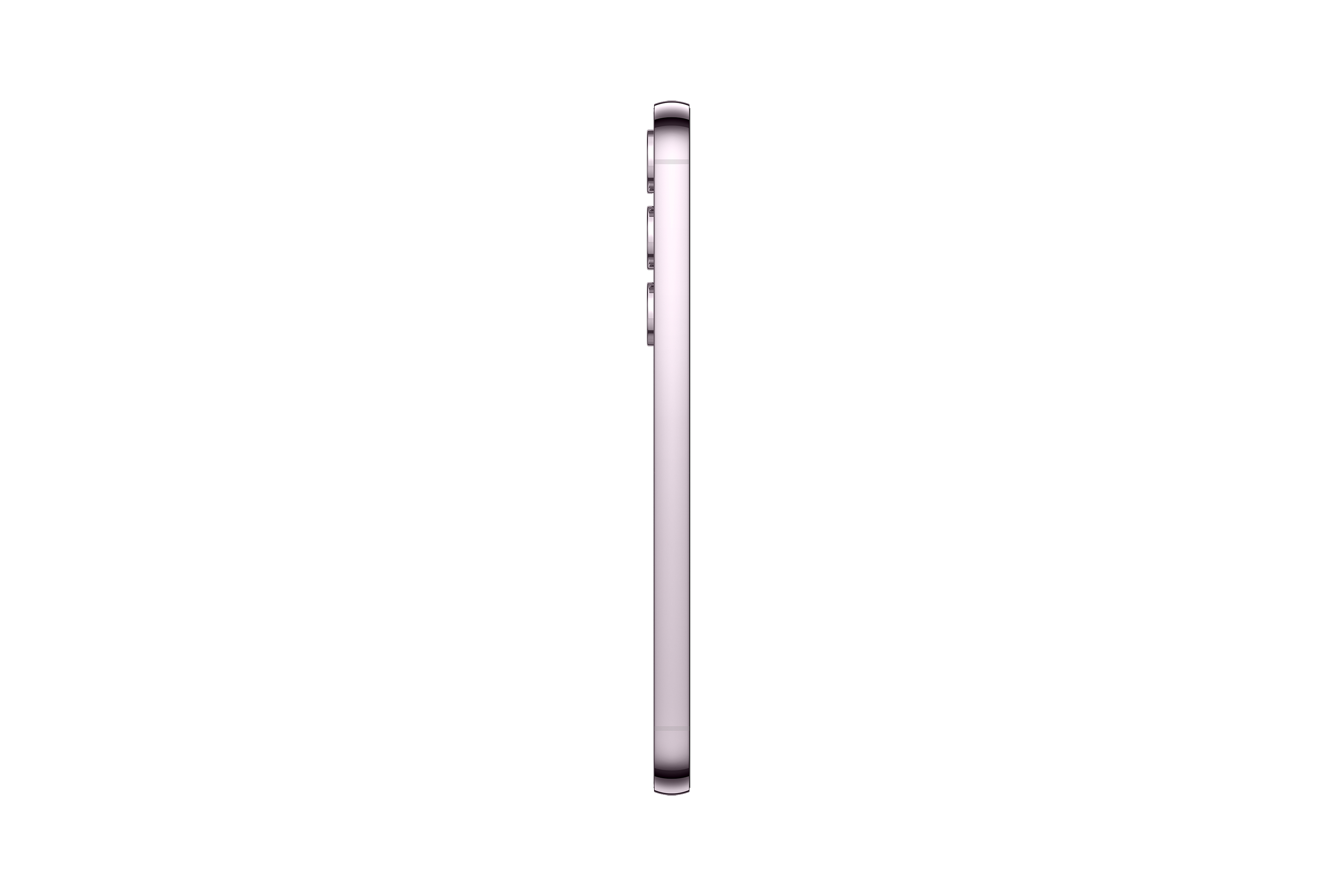 Zijaanzicht van een slanke, lichtgekleurde smartphone tegen een witte achtergrond, met camerarray.