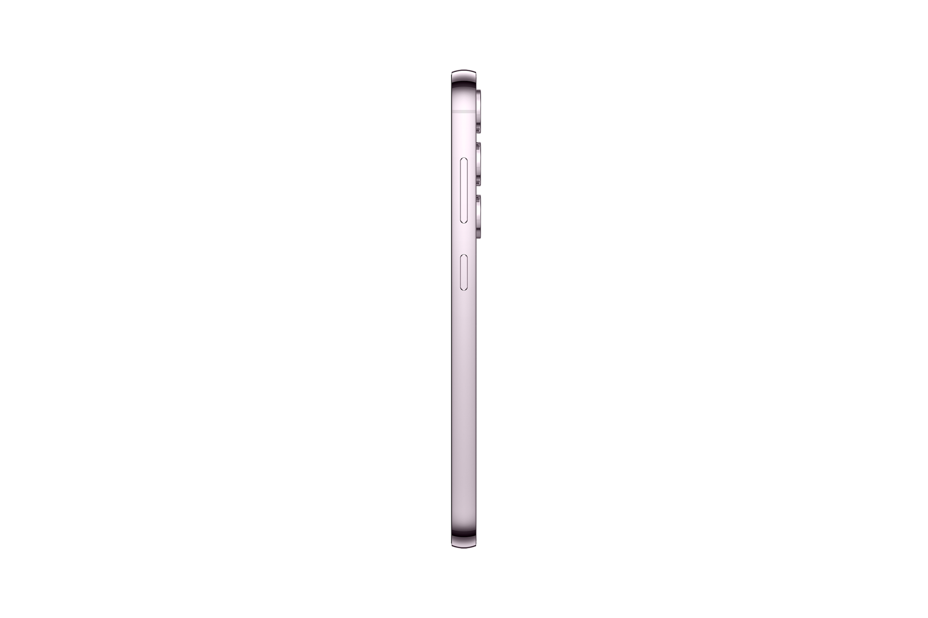 Zijaanzicht van een lichtpaarse smartphone op een witte achtergrond.