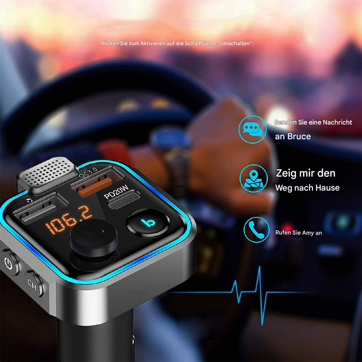 Autoladegerät mit Display, das Spannung und Radiosender anzeigt. Knöpfe sind vorne.