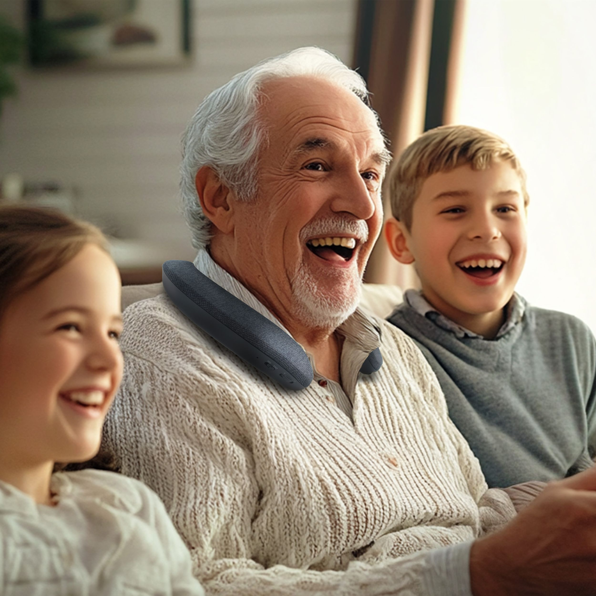 Ein älterer Mann und zwei Kinder lachen und schauen auf etwas außerhalb des Bildes. Sie sind drinnen.