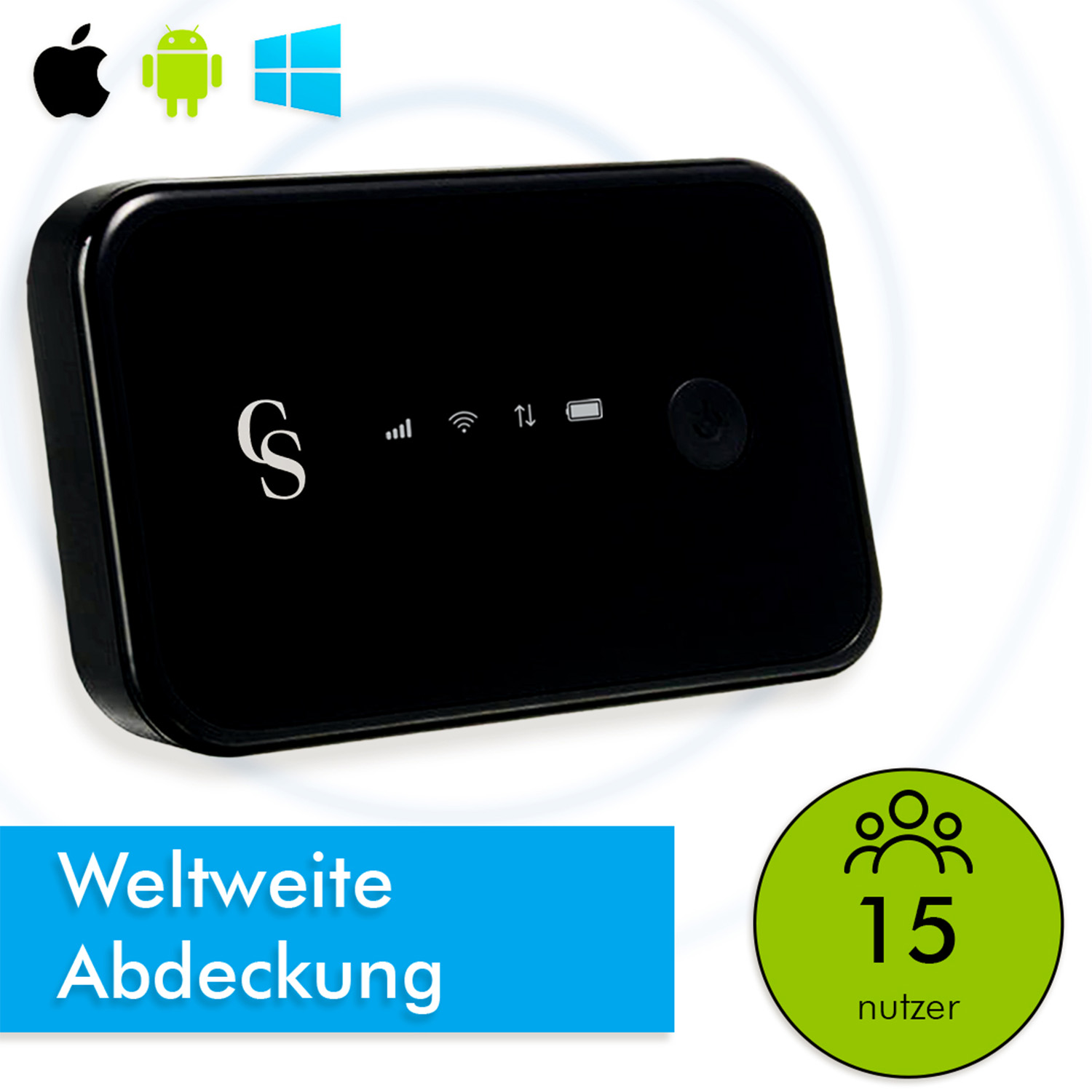 Schwarzer WLAN-Router mit Logo. Apple-, Android- und Windows-Logos werden angezeigt. Text sagt weltweite Abdeckung.