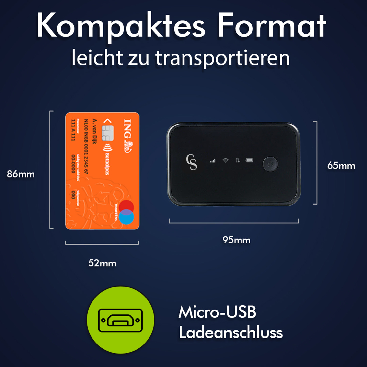 Schwarzer mobiler WLAN-Router mit einer Kreditkarte daneben mit Maßen.
