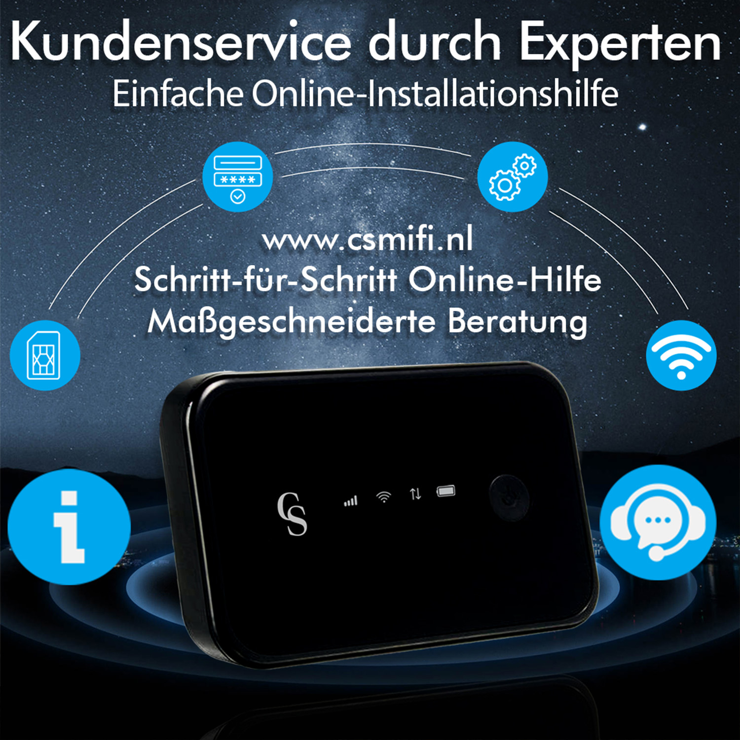 Ein schwarzes Gerät mit Bildschirm und Logo. Es ist von Symbolen und Text umgeben.