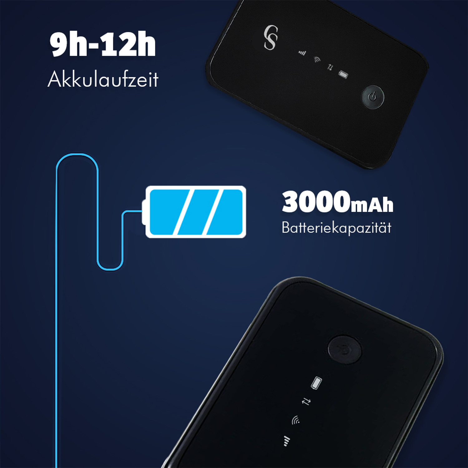 Zwei schwarze drahtlose Geräte mit Text: Batteriekapazität und Akkulaufzeit. Blauer Hintergrund mit Batteriesymbol.