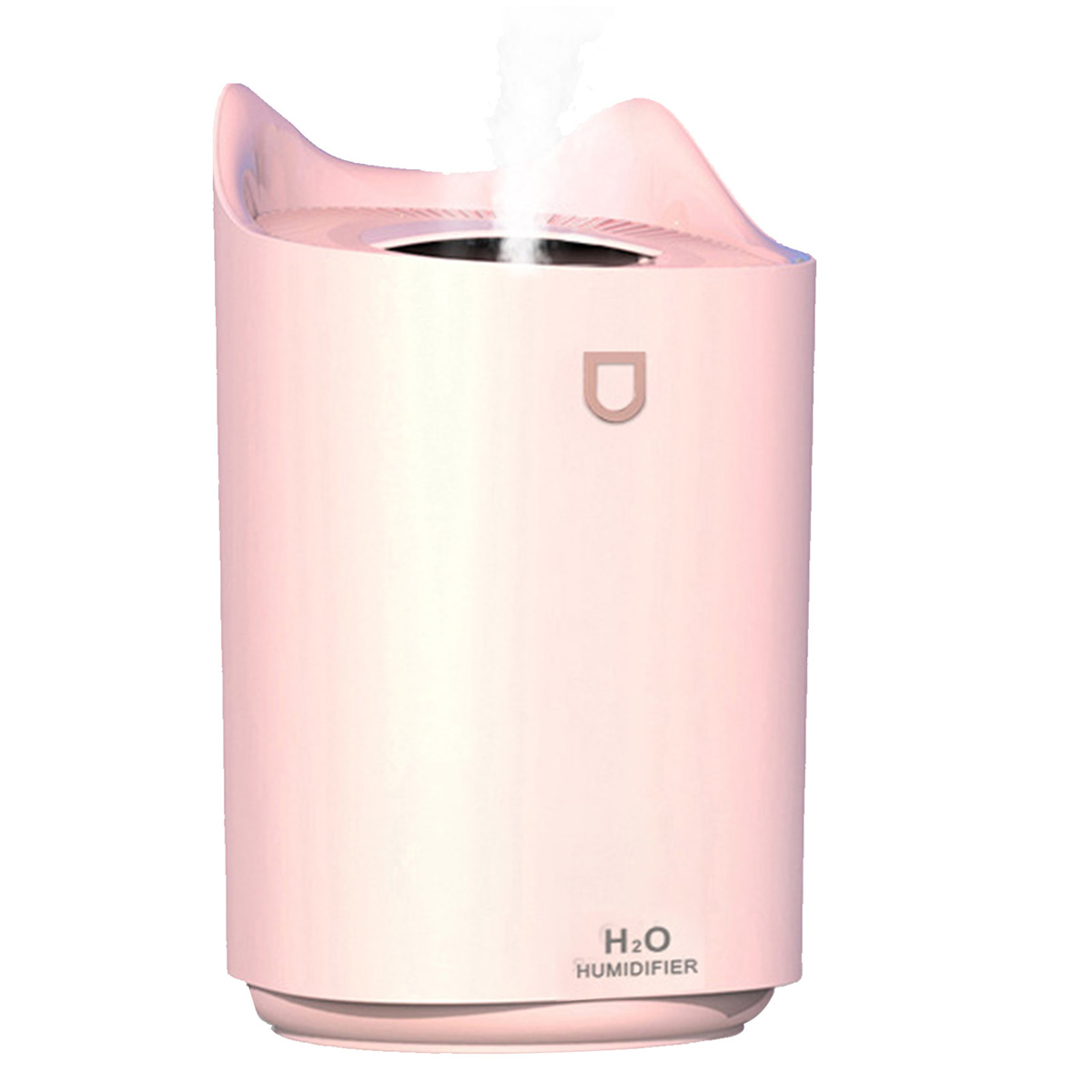 Rosa Luftbefeuchter mit Katzenohren-Design, weißer Dampf emittierend.