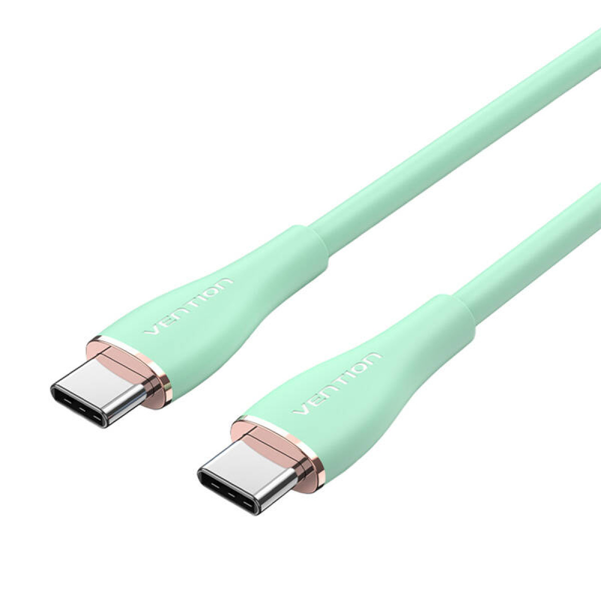 Hellgrünes USB-C-Kabel mit zwei Steckern, auf weißem Hintergrund.
