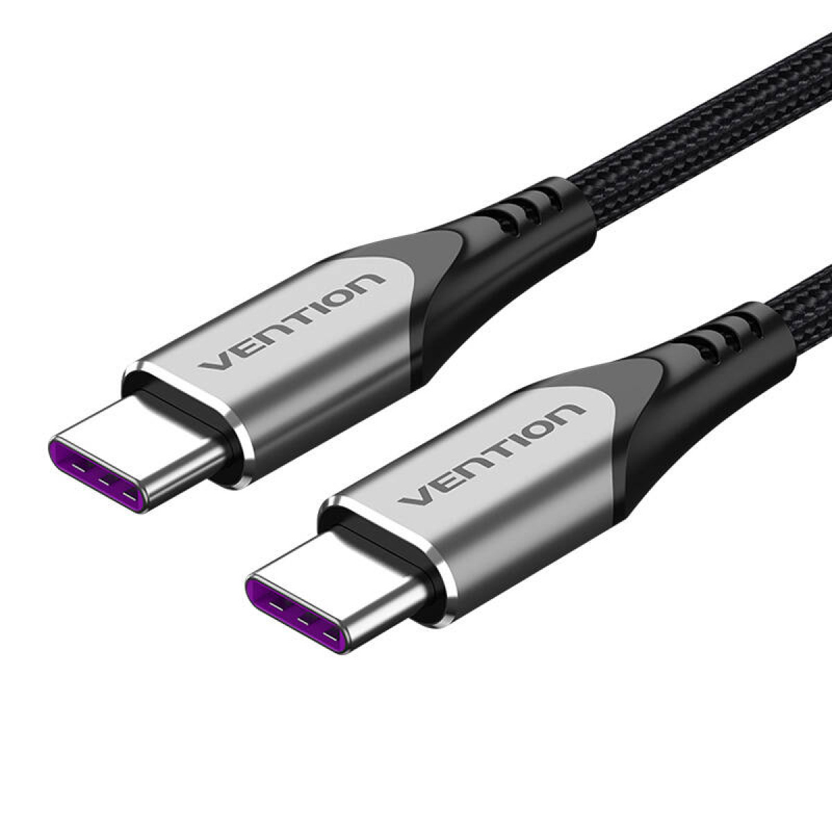 Zwei USB-C-Kabel mit Metallanschlüssen. Schwarze Kabel mit Vention-Logo.