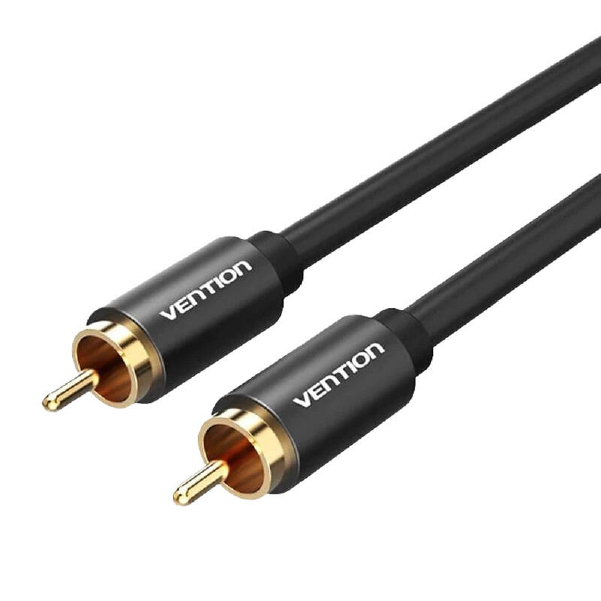 Un cable de audio Vention negro con conectores dorados sobre fondo blanco.
